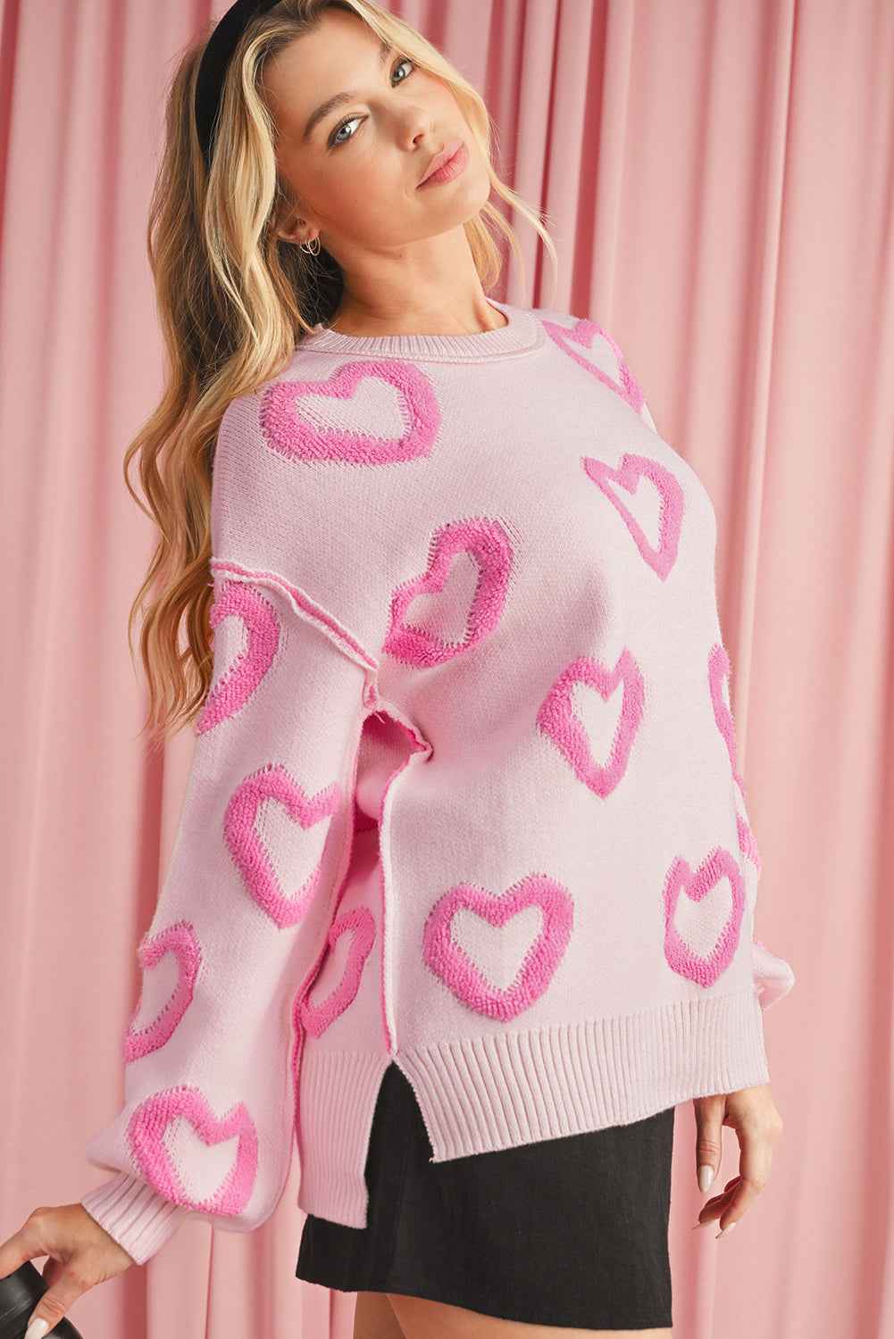 Pink Heart Shape Bubble Sleeve Baggy Sweater 4bb49898976cf4c4