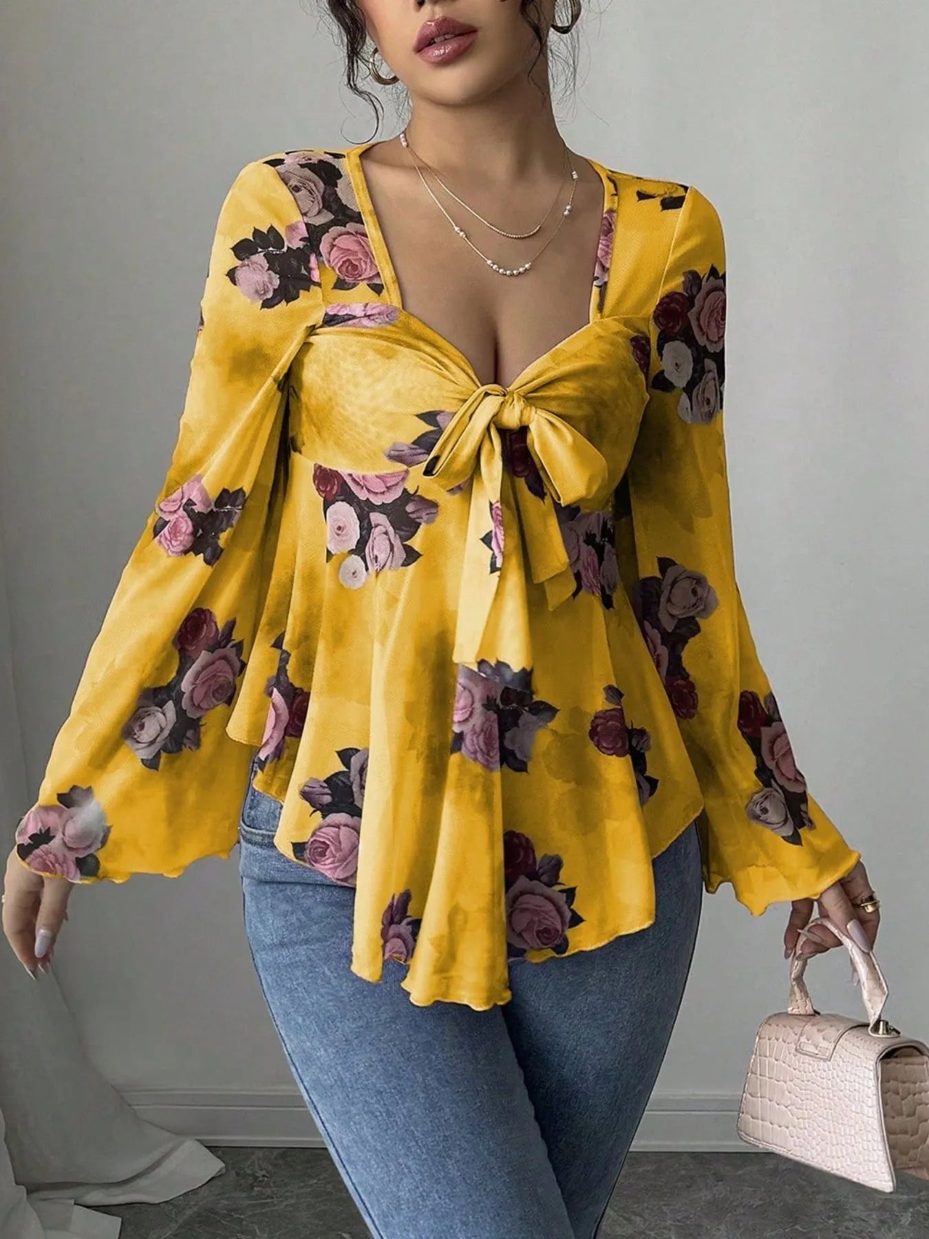 Floral Tie Front Flare Sleeve Blouse 4bc59834-17e4-491a-bb3e-81c4facba099-Max-Origin
