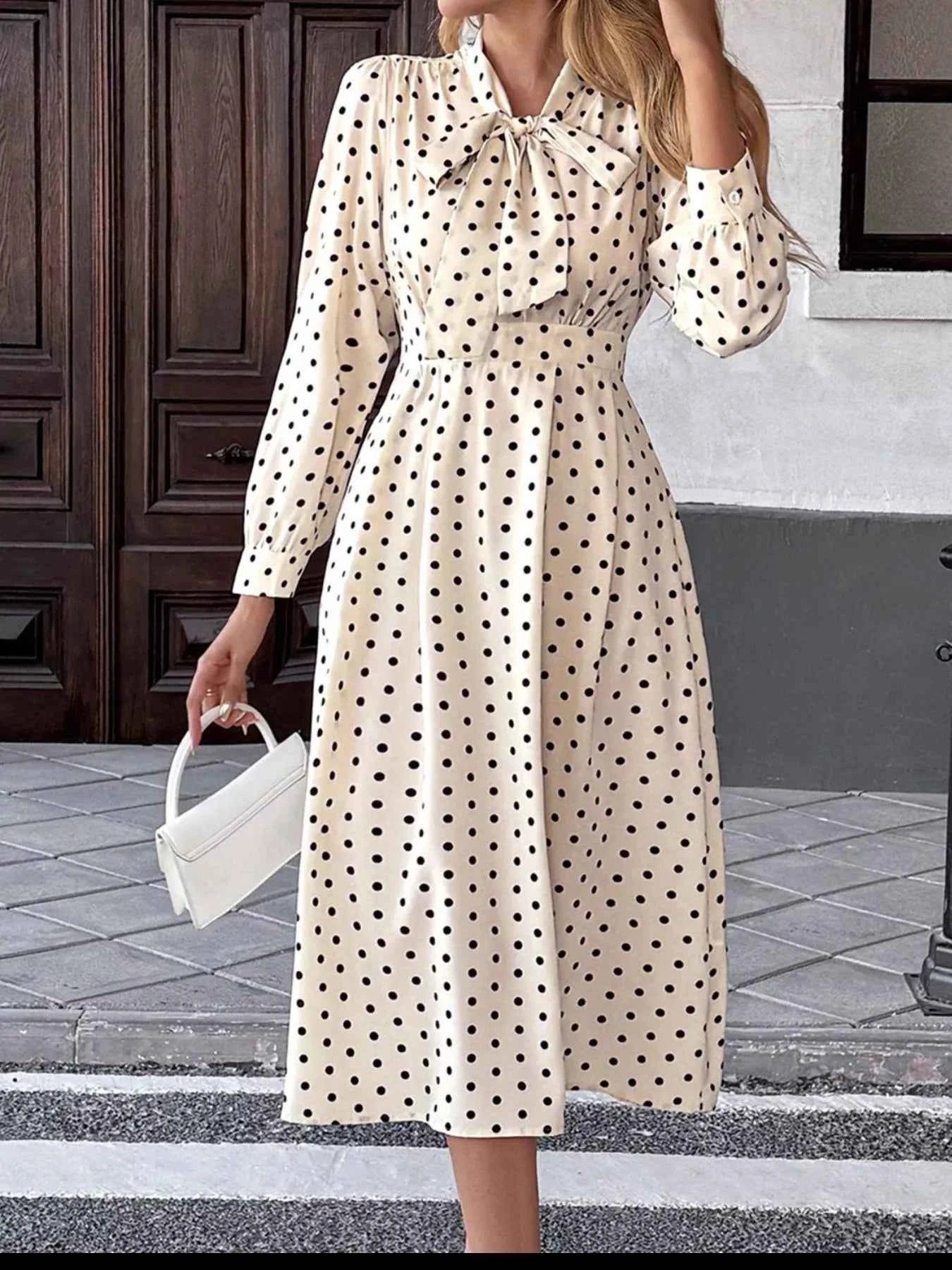 Polka Dot Tie Front Long Sleeve Midi Dress 4bf6bab4-81af-4ee8-b0b4-0a17c2c36c25-Max-Origin