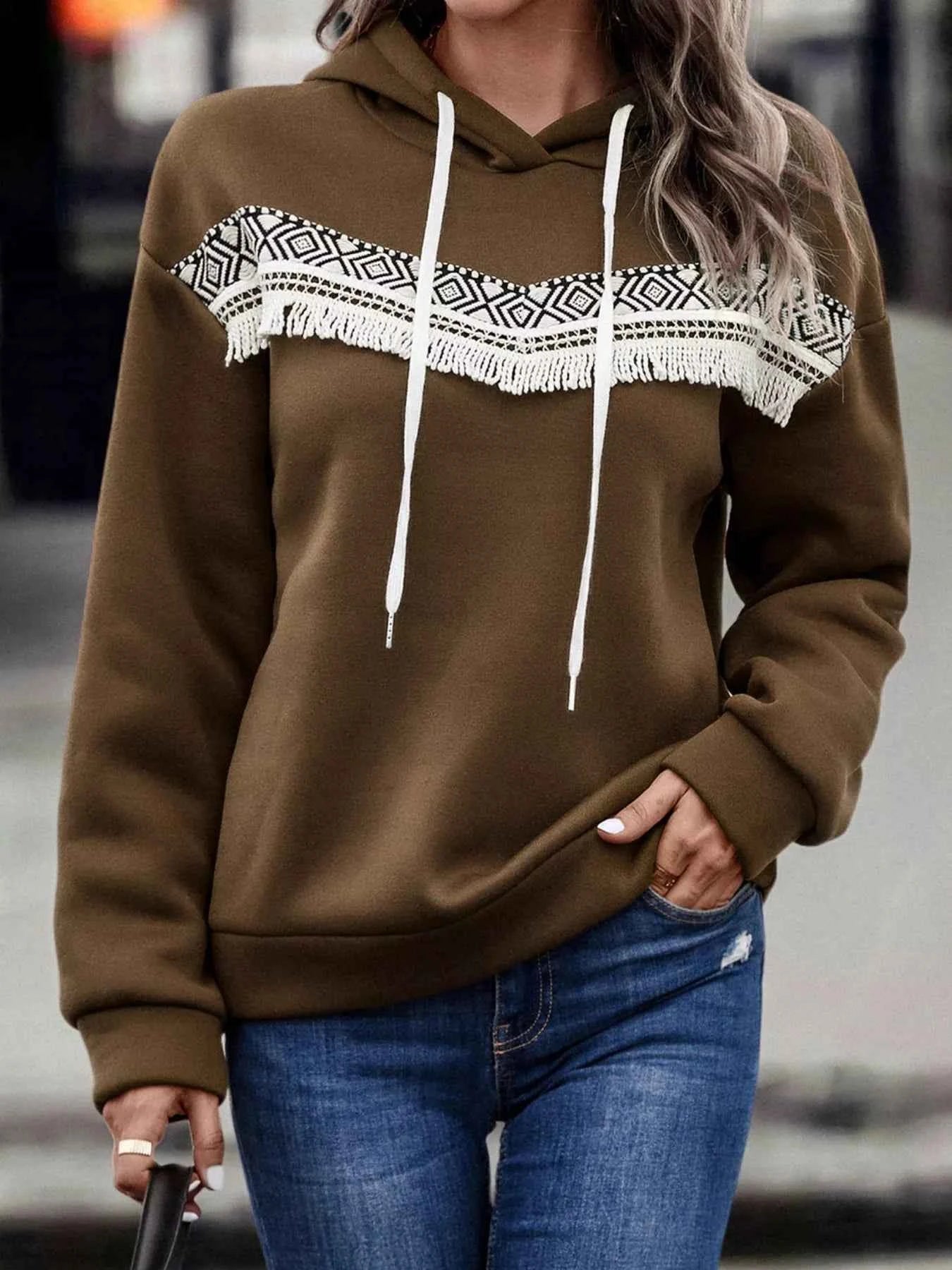 Fringe Detail Long Sleeve Drawstring Hoodie 4bf934b2-3484-4fde-923e-2a8a817ec5b7-Max-Origin