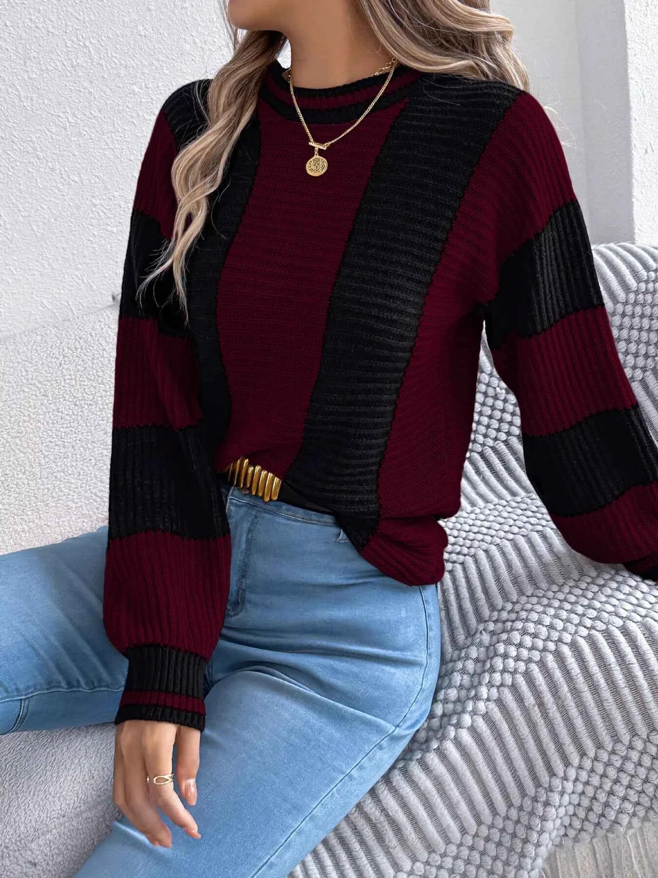 Color Block Round Neck Sweater Burgundy 4c224478c15745d08c2326243413b25f-Max-Origin