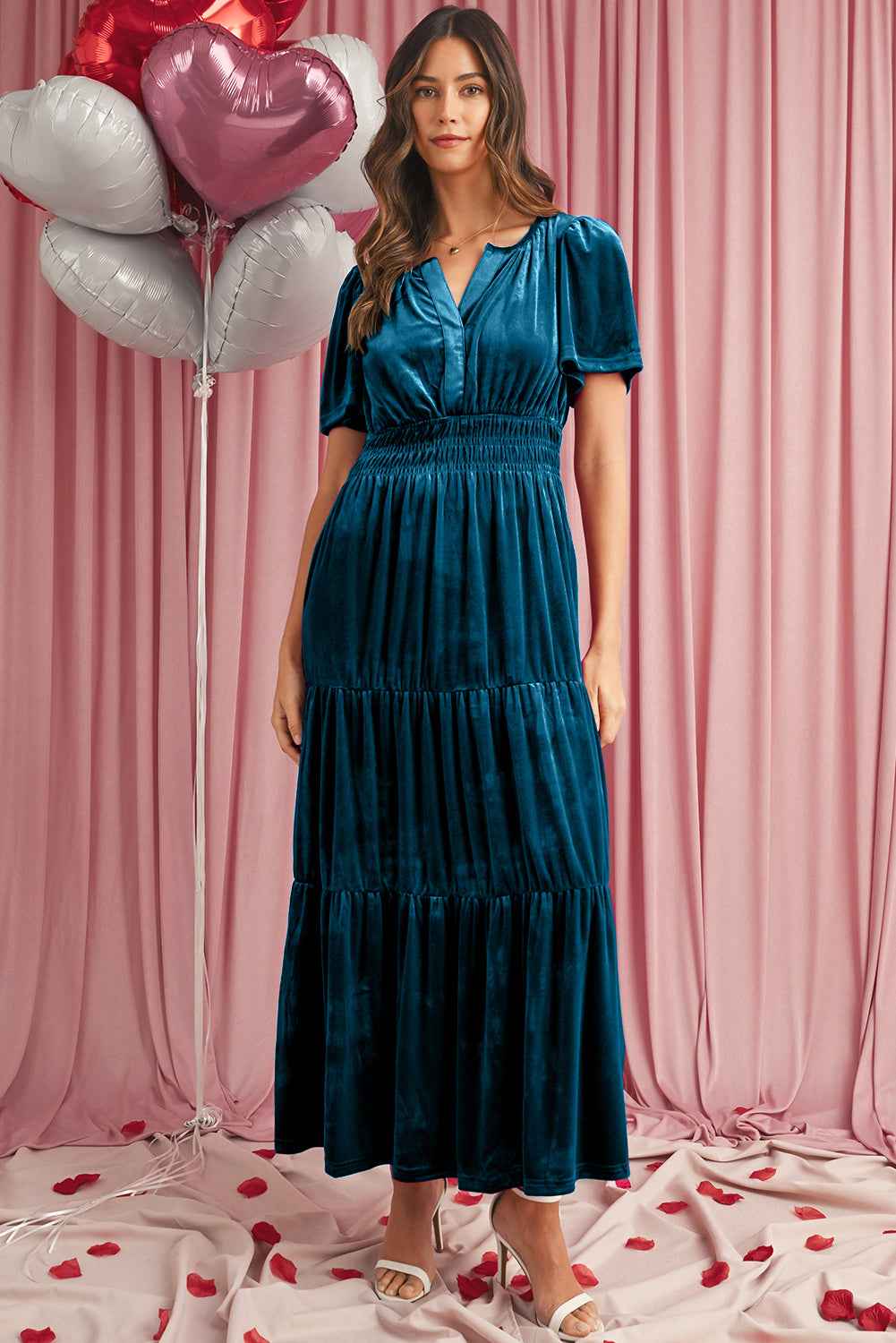 Prussian Blue Velvet Short Sleeve Shirred Waist Tiered Maxi Dress Prussian Blue 95%Polyester+5%Elastane 4c6144e5e308ce4a