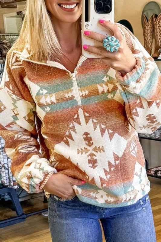 Western Aztec Quarter-Zip Elastic Cuffs Sweatshirt 4c7d528d-3b34-4d0a-abd5-db397eba1ce7