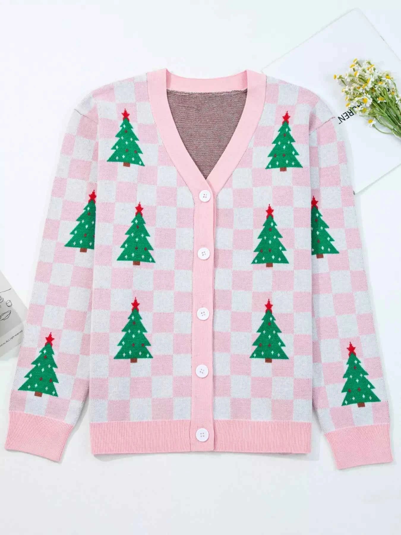 Christmas Tree Pattern Checkered Button V Neck Cardigan 4c8945c529674e719da01a6262b06c4f-Max-Origin