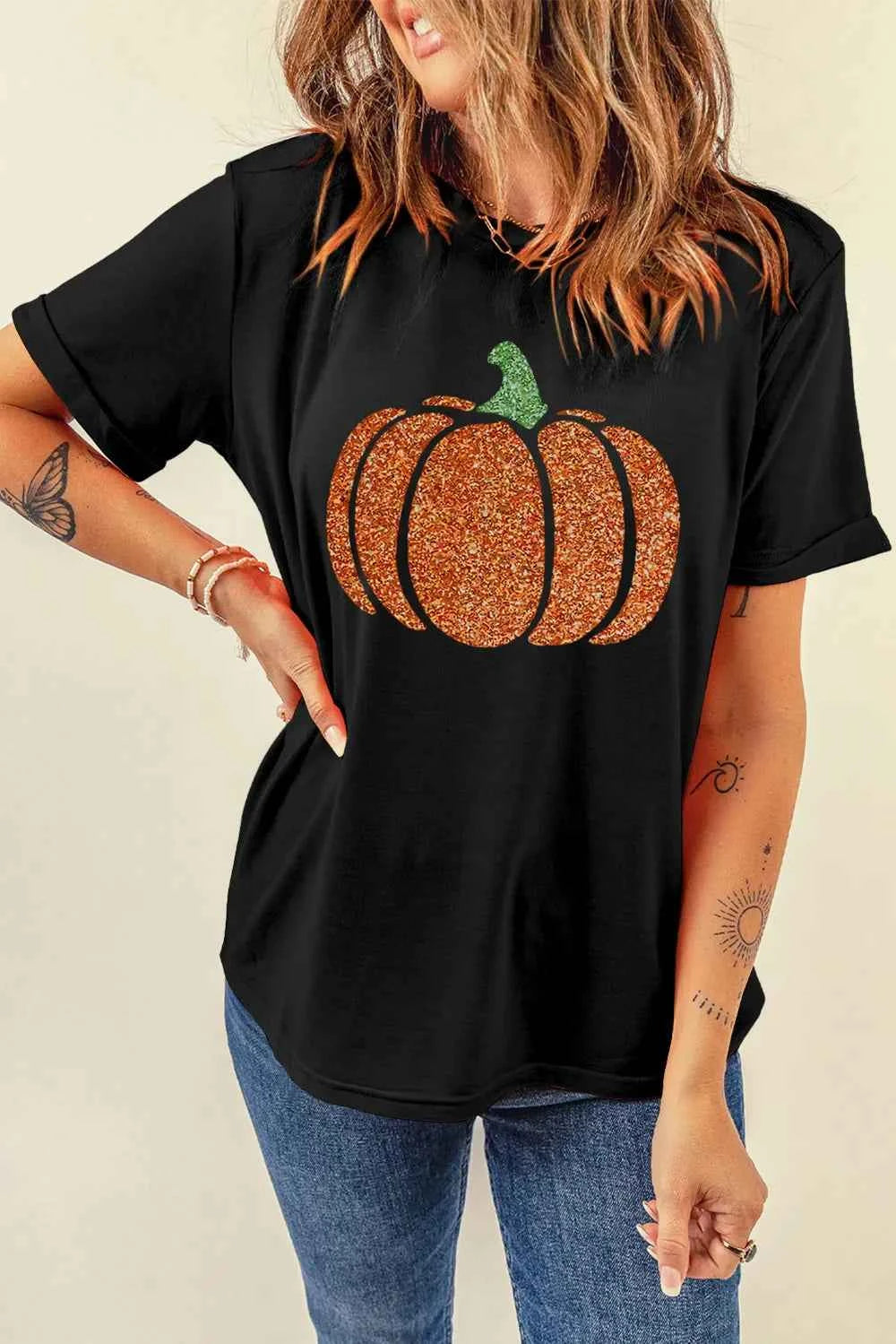 Glitter Pumpkin Round Neck Short Sleeve T-Shirt Black 4c895289-b0cf-4503-941b-142a679249ce-Max