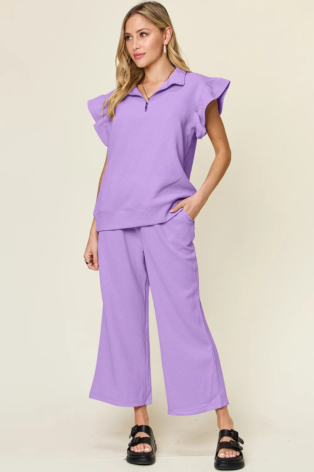 Double Take Texture Ruffle Short Sleeve Top and Drawstring Wide Leg Pants Set Lavender 4cfc1a27-ffe7-4745-9842-acd28ddb160e-Max