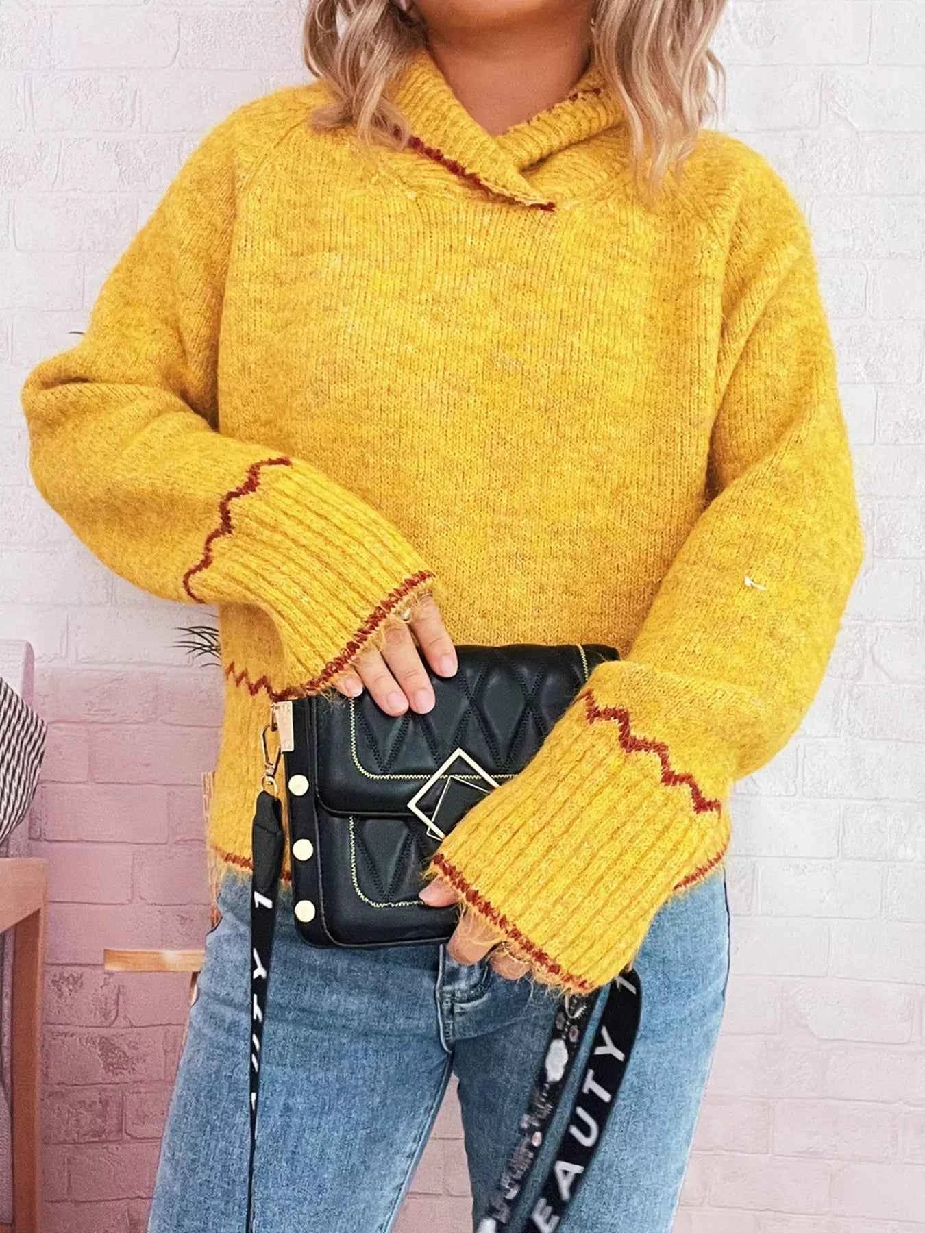 Ribbed Contrast Trim Long Sleeve Sweater Yellow One Size 4d28c5ab0cb04c54a0ec54836266b84f-Max-Origin