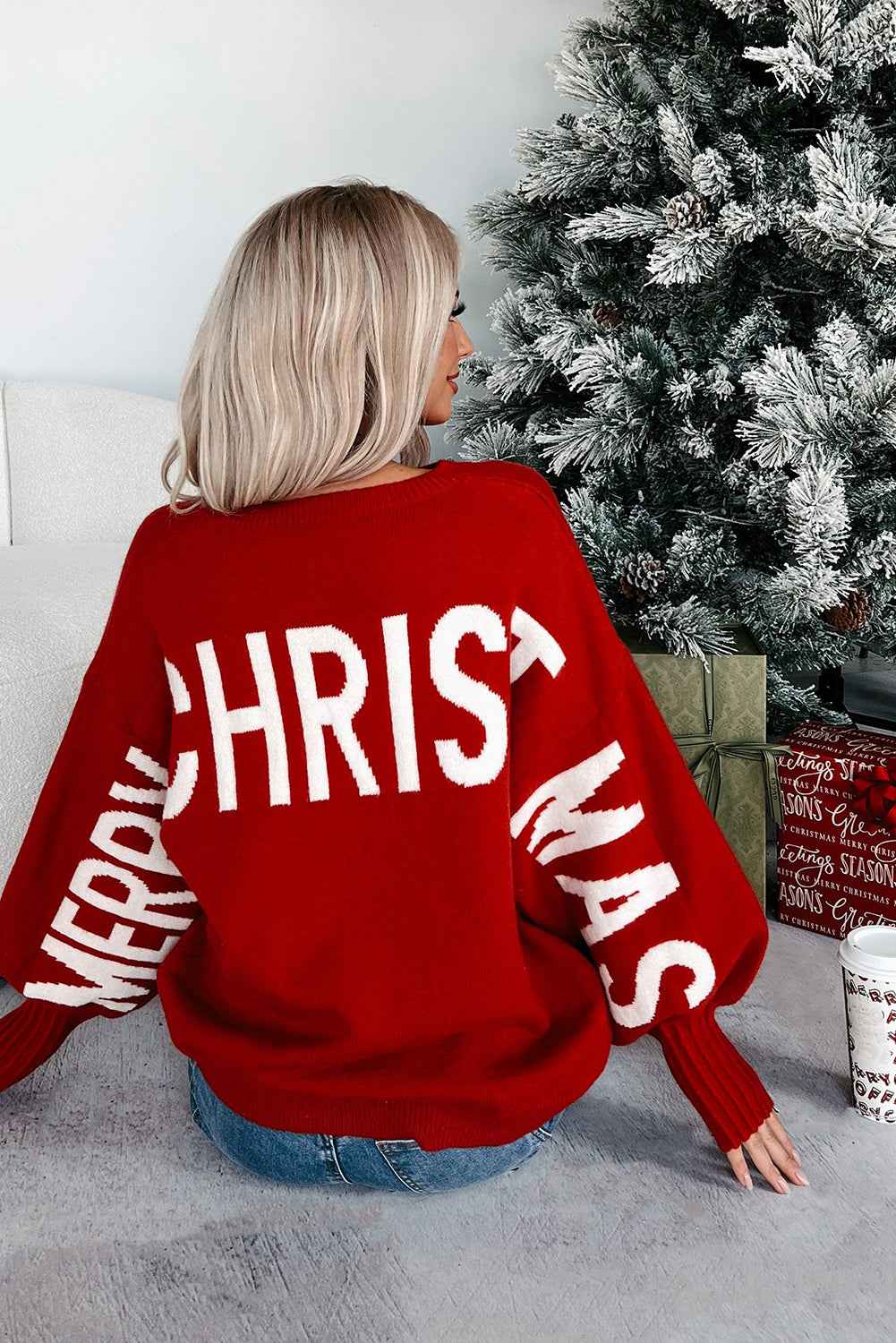 Fiery Red MERRY CHRISTMAS HO HO HO Drop Shoulder Loose Sweater 4d724de30a30fe66