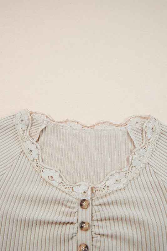 Solid Ribbed Lace Neckline Long Sleeve Top 4d8878c9-bdd9-464f-8794-5ef0149ba4f8