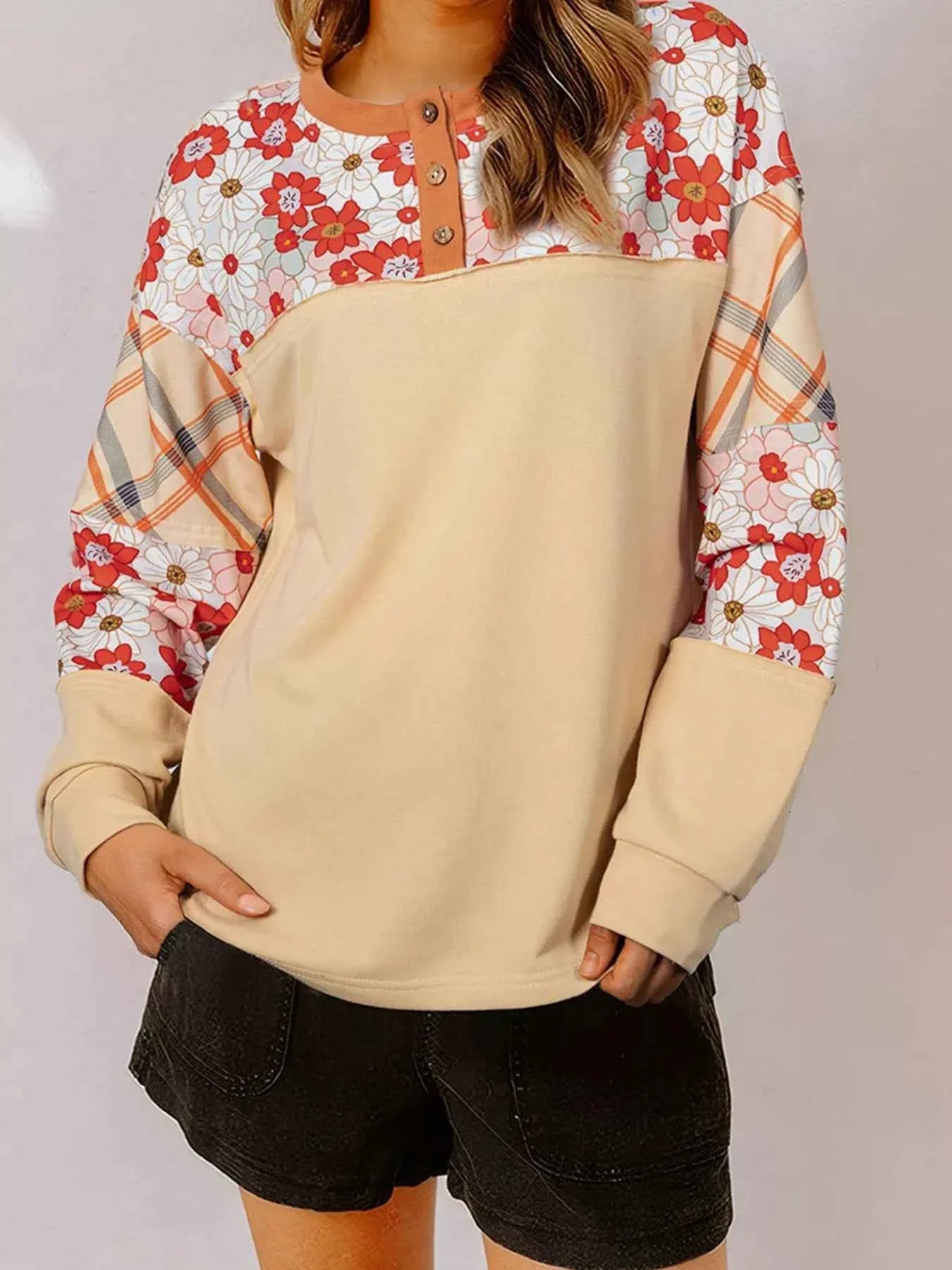 Floral Plaid Patchwork Casual Top Tan 4d92436f736f40ac959362f18498e7c5-Max-Origin