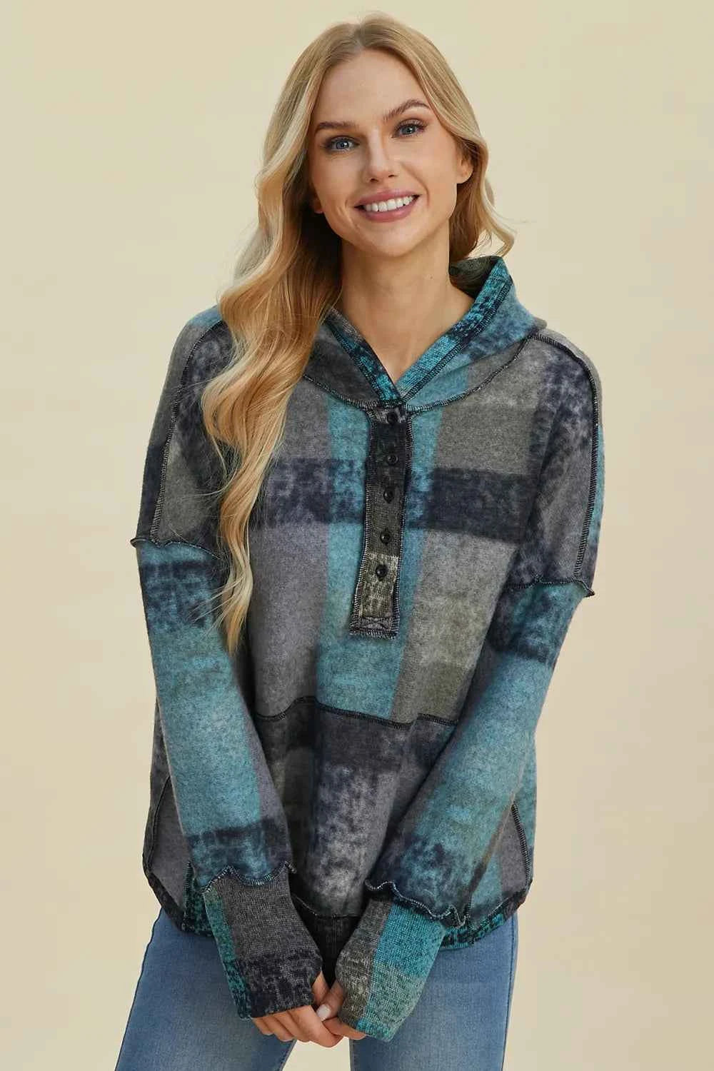 Double Take Full Size Plaid Dropped Shoulder Fleece Hoodie 4da717c7-d6eb-4ad6-8b21-c6d5d17ec70d-Max