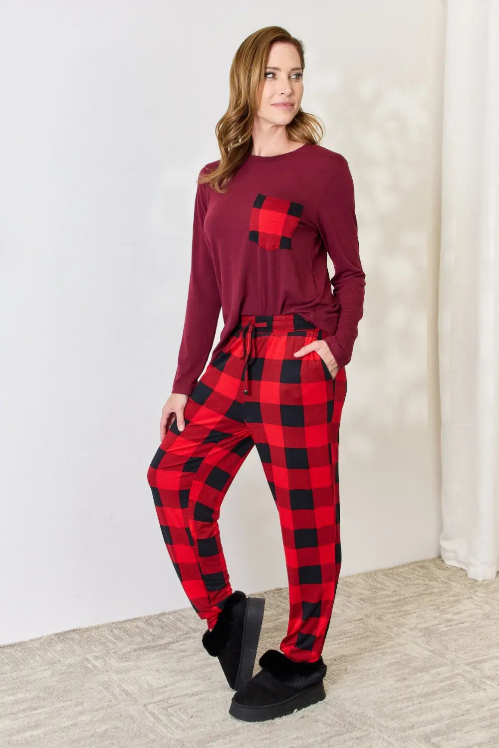 Zenana Full Size Plaid Round Neck Top and Pants Pajama Set 4db72005c7a54c8c9d9ab0aa329a77f8-Max