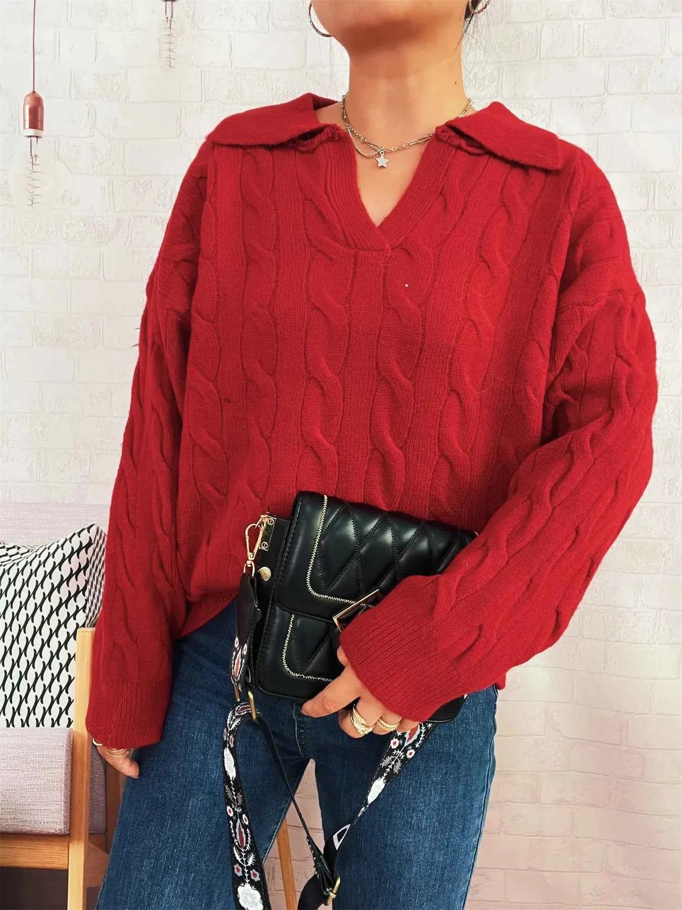 Cable Knit Johnny Collar Sweater Red One Size 4dbce7b4e3d146219a8a0cad2f75cc31-Max-Origin