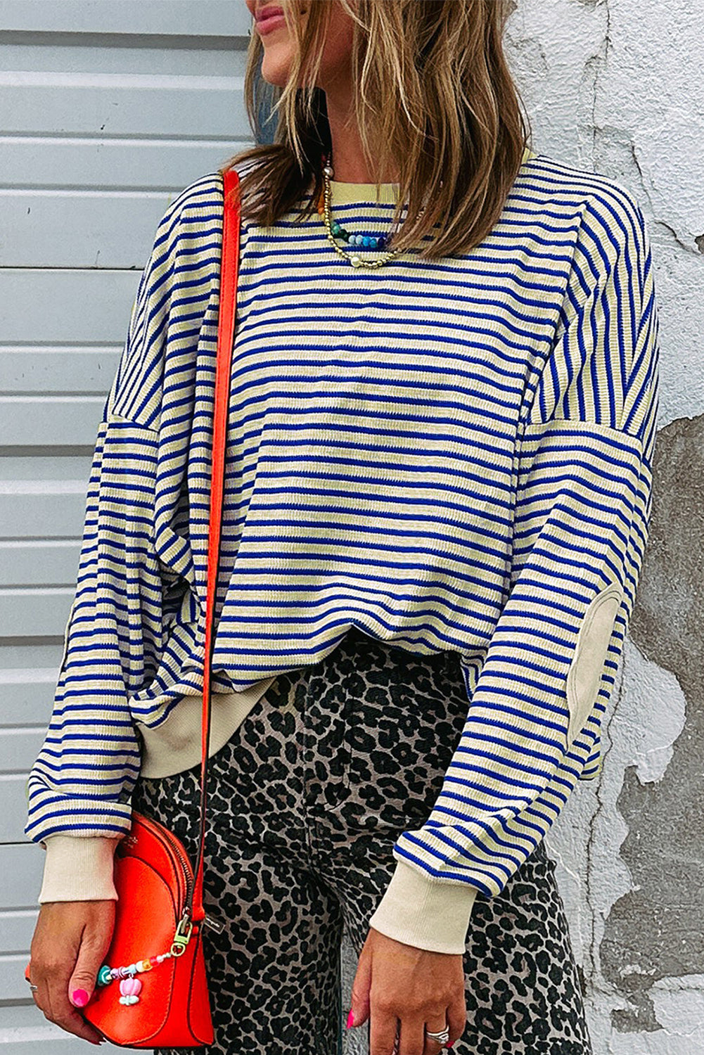 Blue Stripe Textured Elbow Patched Crew Neck Drop Shoulder Sweatshirt Blue Stripe 95%Polyester+5%Elastane 4def45877359b9f2