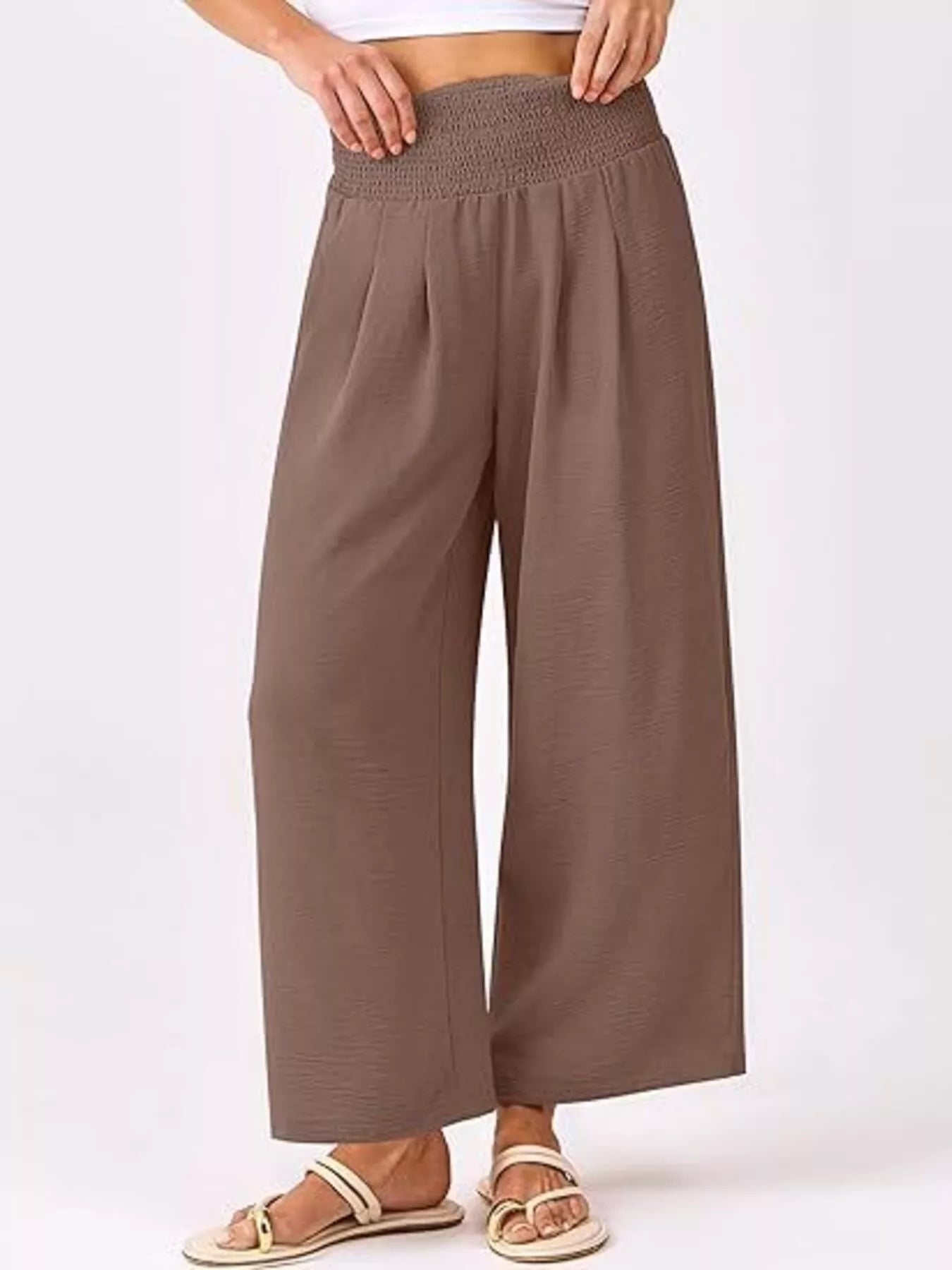 Wide Leg Smocked High Waist Pants Brown 4df1ddfd48aa4ca19461550668ddf2e9-Max-Origin