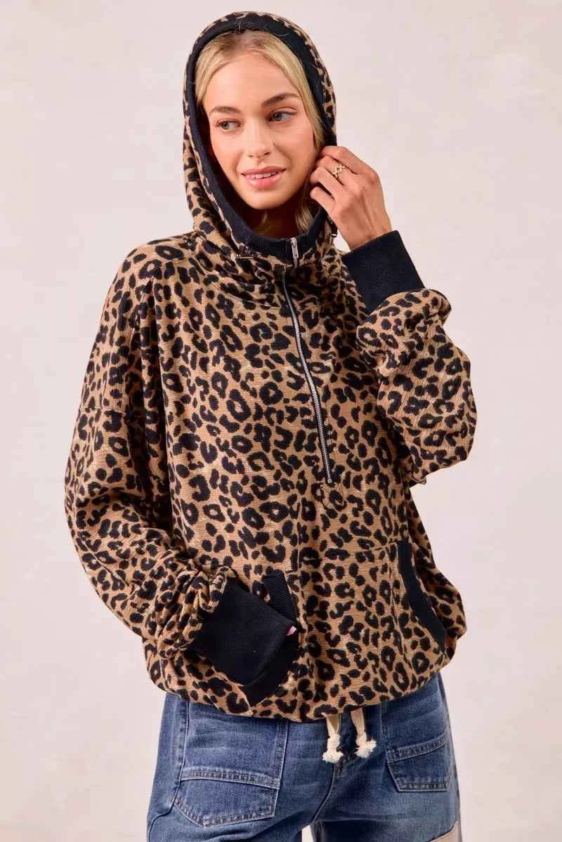BiBi Leopard Print Waffle Half Zip Up Hoodie W Pocket 4e2ec446760f4f5597e9f90e93863d58-Max-Origin
