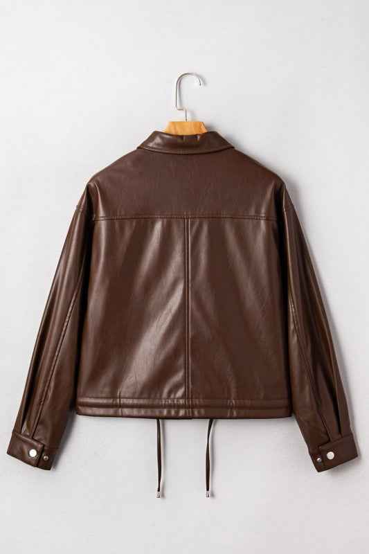 Leather Drawstring Hem Pocketed Jacket 4e47594b-9fb1-4955-8156-240278ebc968