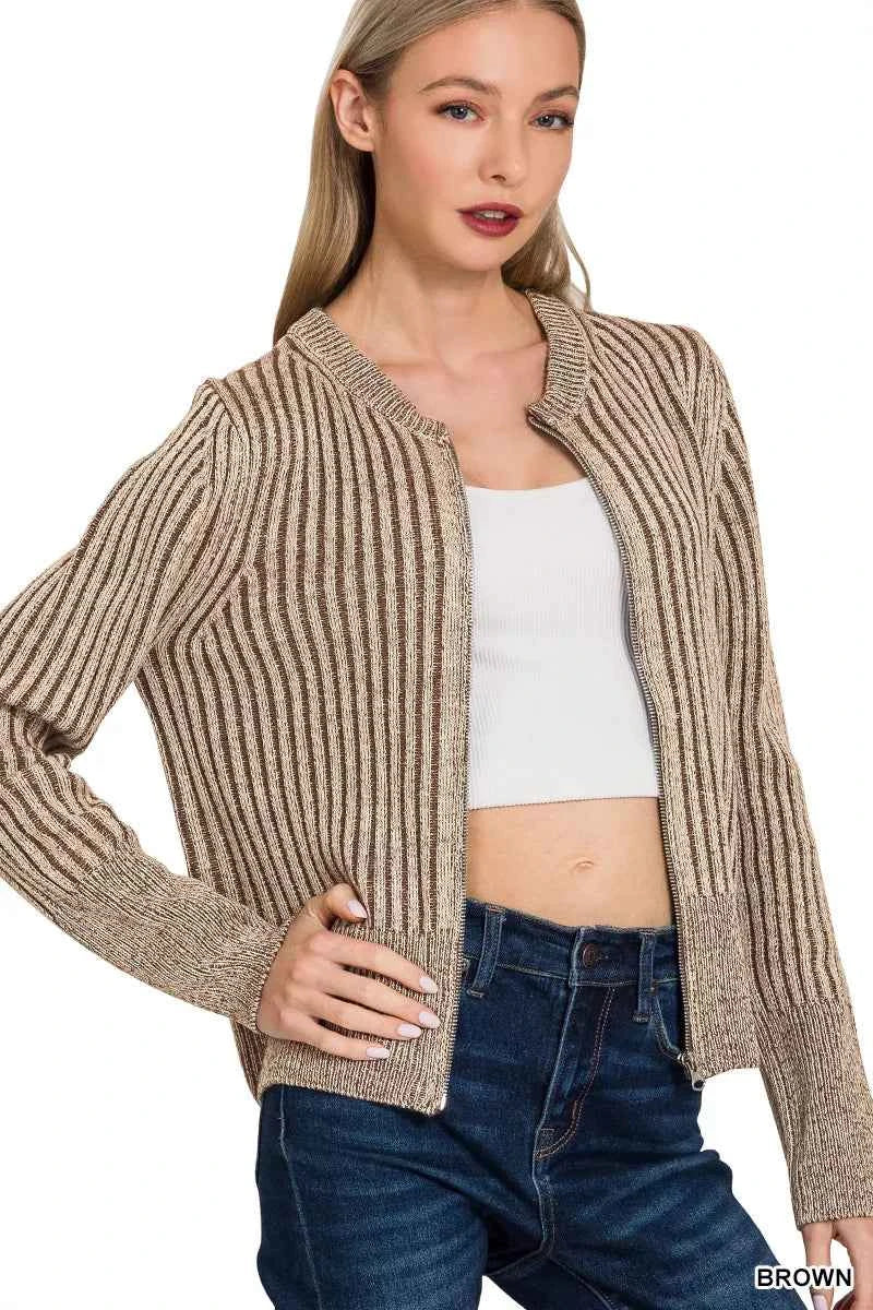 Zenana Ribbed Two Tone Zip Up Sweater Cardigan 4e6b29b8-ba6e-4600-b61d-6c3ddf413ce8-Max-Origin