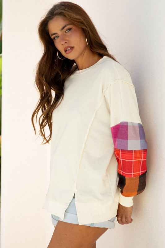 Plaid Patchwork Long Sleeve Exposed Seam Top 4e7d96d5-a741-419a-81d0-a6608f41f844