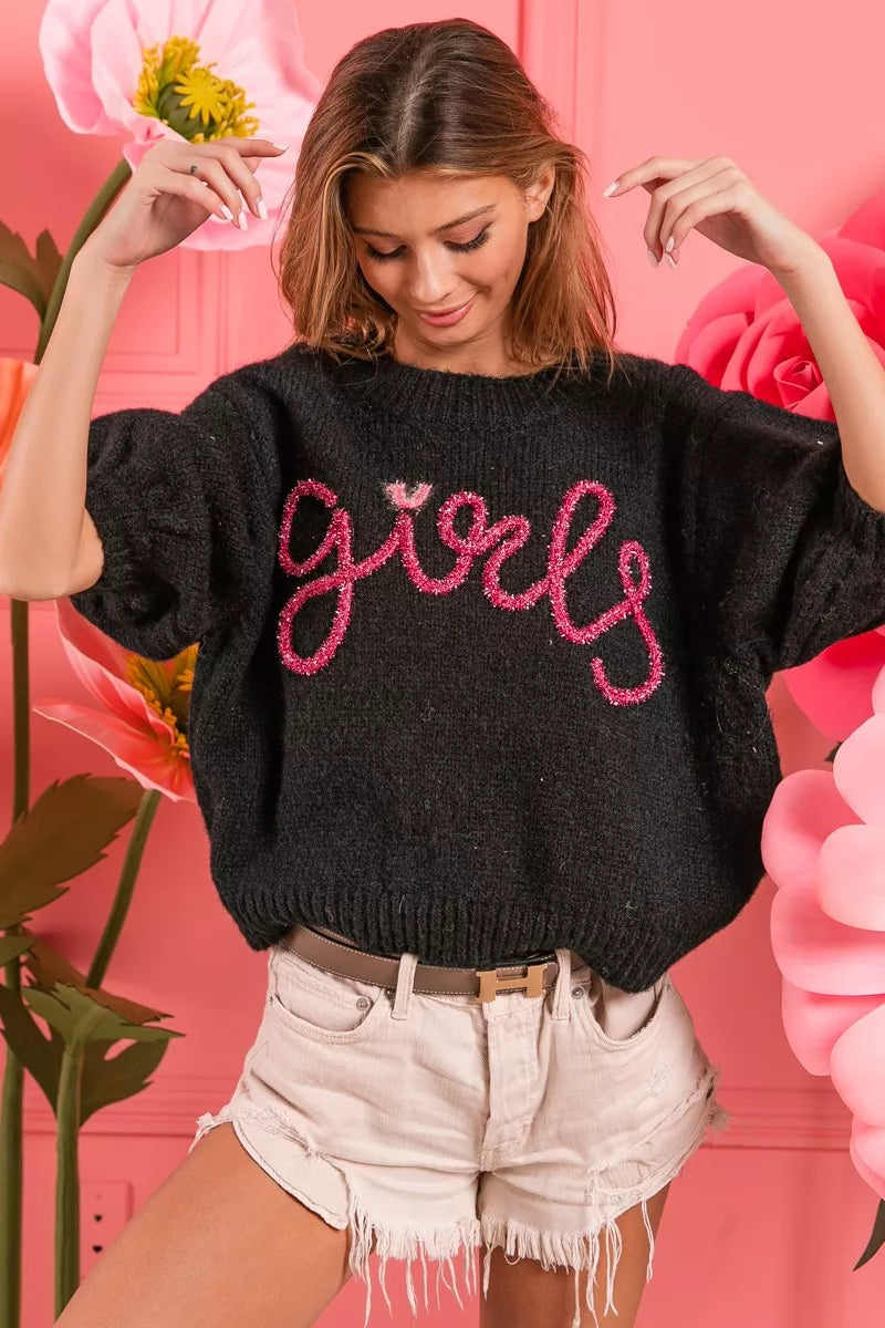 BiBi Metallic Letter Short Puff Sleeve Hairy Sweater 4e872818-7ee9-45fb-94c6-3122e8ee006c-Max-Origin