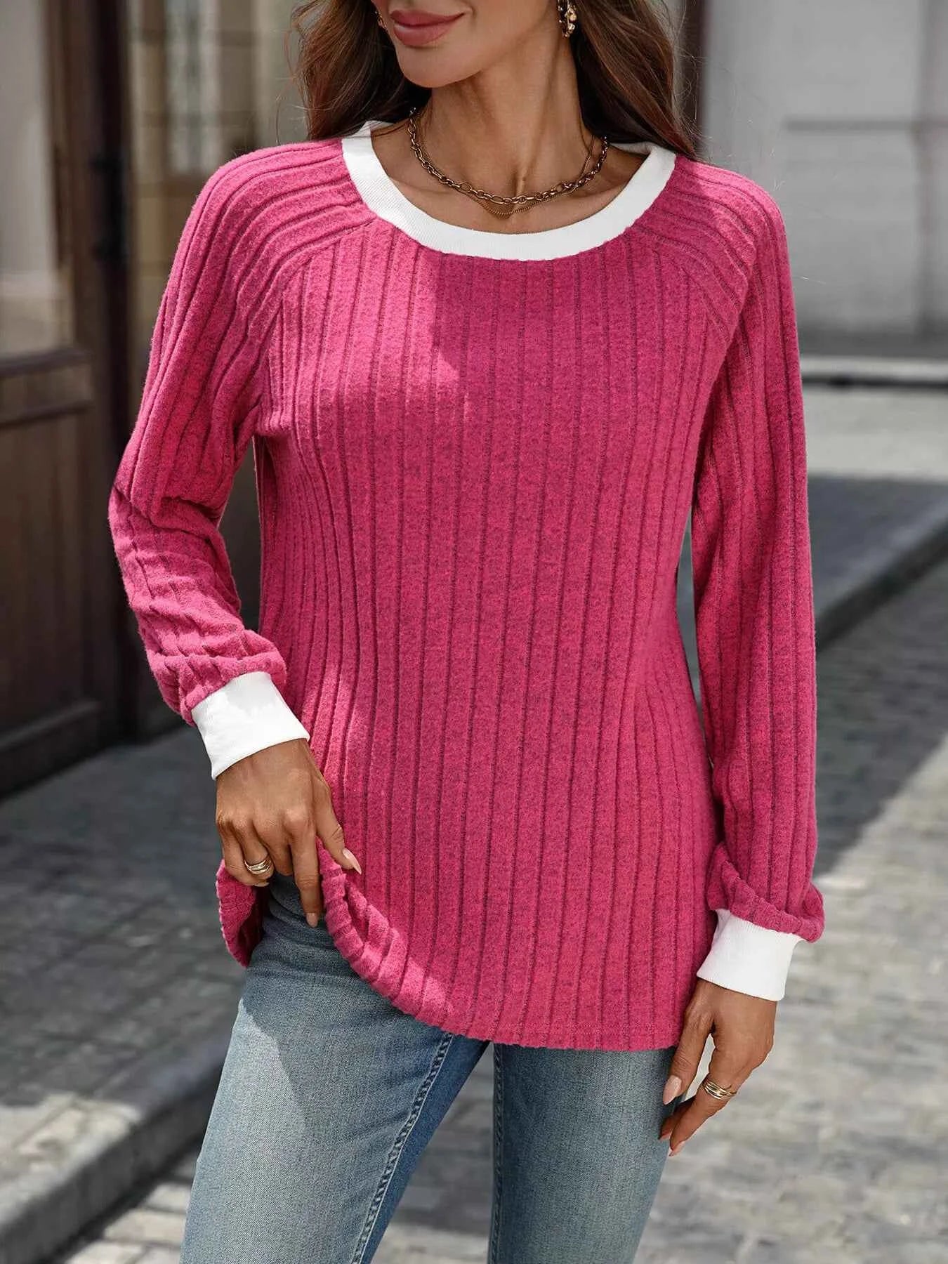 Ribbed Round Neck Raglan Sleeve Knit Top 4e8cde4818c94ea4890a2f2f88910024-Max-Origin
