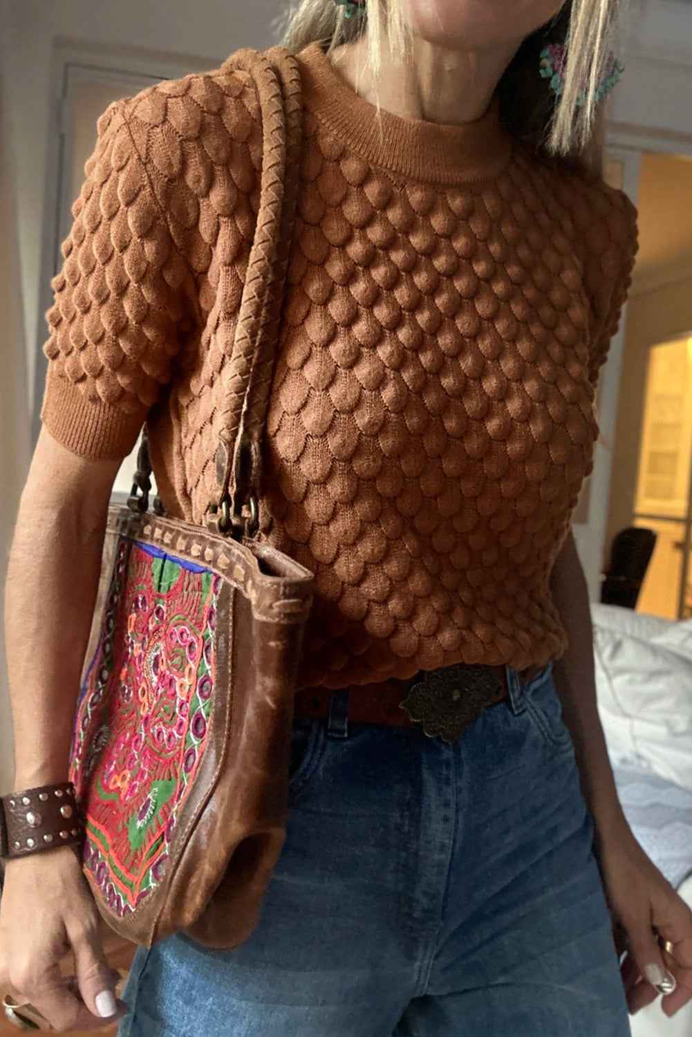 Straw Yellow Fish Scale Textured Knit Ribbed High Neck Short Sleeve Sweater 4ee5c1e0052fca3b