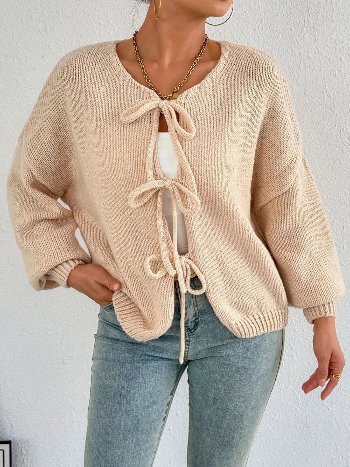 Cozy Bow-Tie Front Knit Cardigan Apricot 4ee8c4d95d2f402aad414c6a0a9e0b3c-Max-Origin