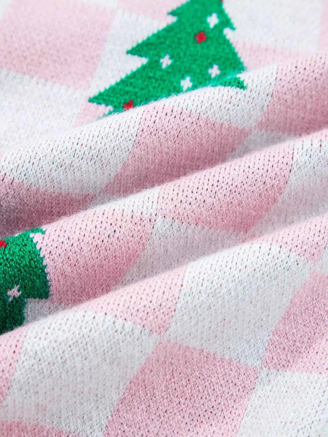 Christmas Tree Pattern Checkered Button V Neck Cardigan 4f3fe1f4d5ec4a37ad399aab552d8b79-Max-Origin