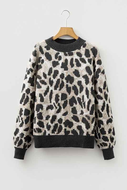 Leopard Contrast Trim Drop Shoulder Sweater 4fb677b6-370c-42de-81c7-53d62566e8a7