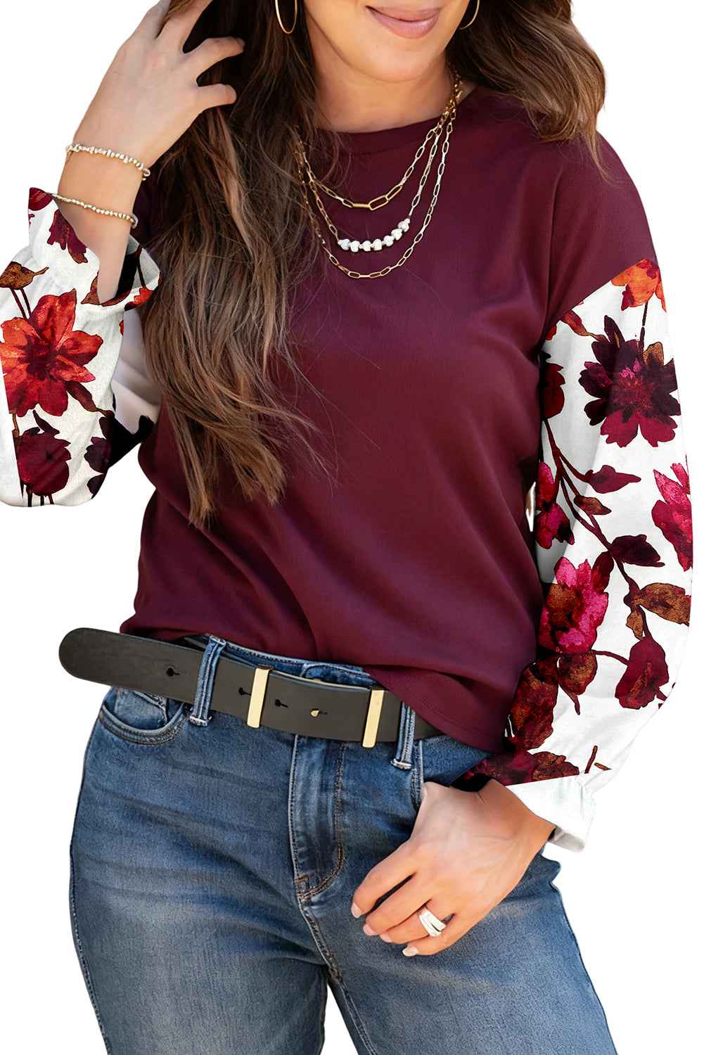 Wild Ginger Classic Floral Sleeve Patchwork Round Neck Blouse 4fca81c3ce8d1a51