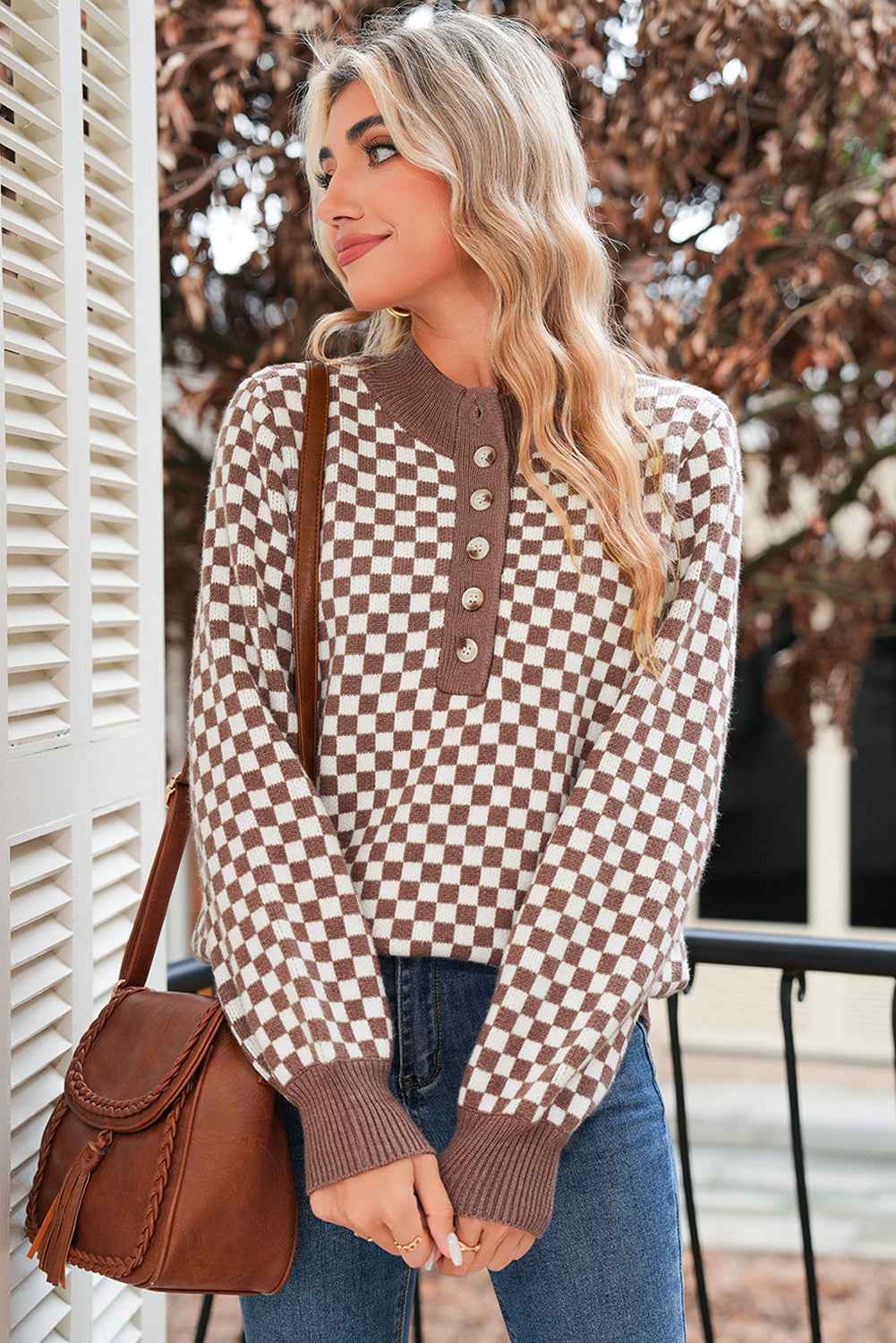 Dark Brown Plaid Contrast Trim Button Neck Sweater 4fd60462c6f8aff6
