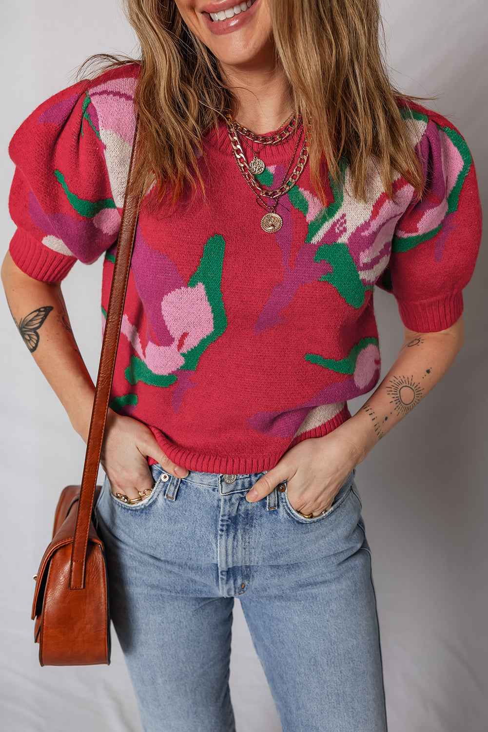 Red Floral Abstract Print Short Puff Sleeve Sweater 501be6a8d2ea4f0e
