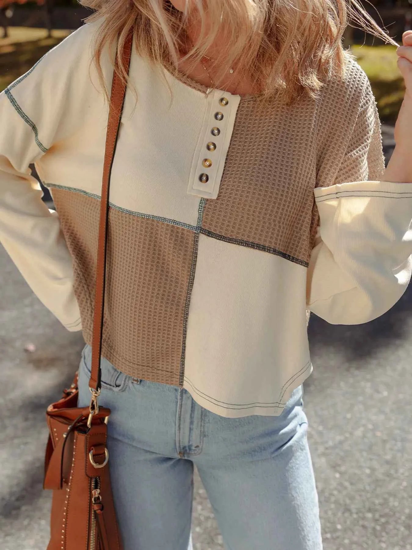 Color Block Waffle Knit Stitch Detail Long Sleeve Top 50538cf376604ccaa3679546d37505eb-Max-Origin