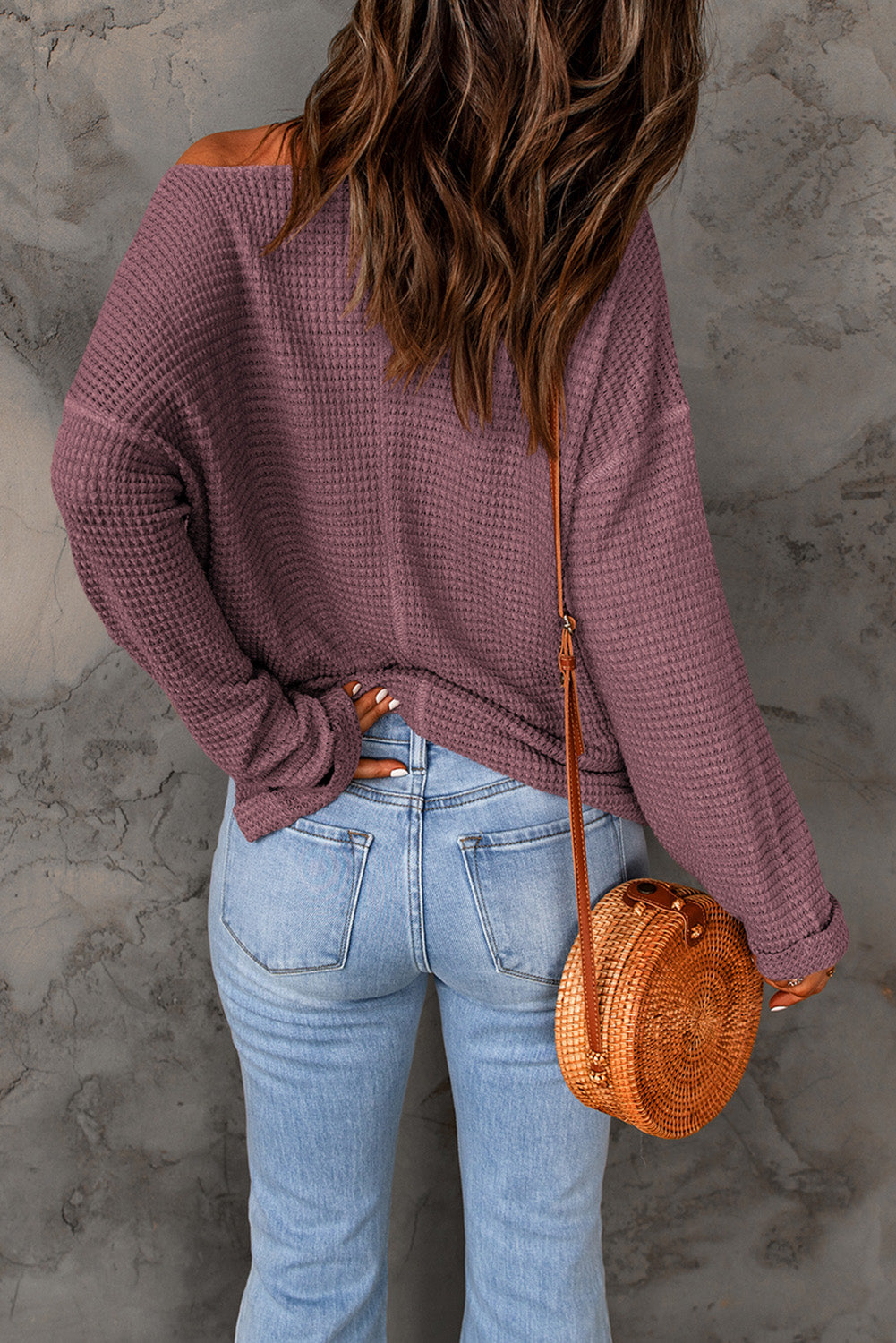 Purple Waffle Knit Split V Neck Drop Shoulder Long Sleeve Top 505f319a95f029e0