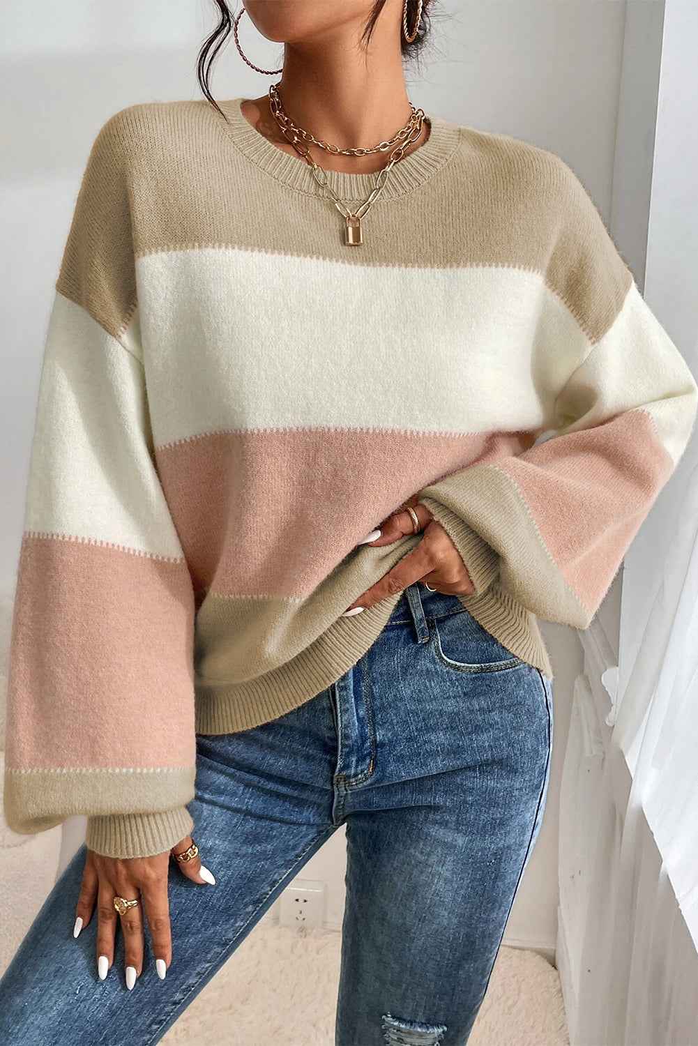 Dusty Pink Color Block Lantern Sleeve Drop Shoulder Sweater 5072bf988fcf81ba