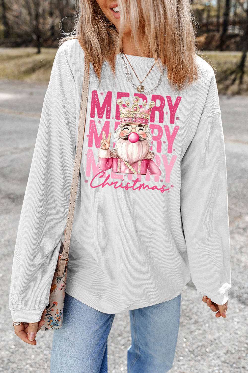 White Twisted Ribbed Merry Christmas Nutcracker King Heat Transfer Printing Sweatshirt 5162bbf6ec41a1b9