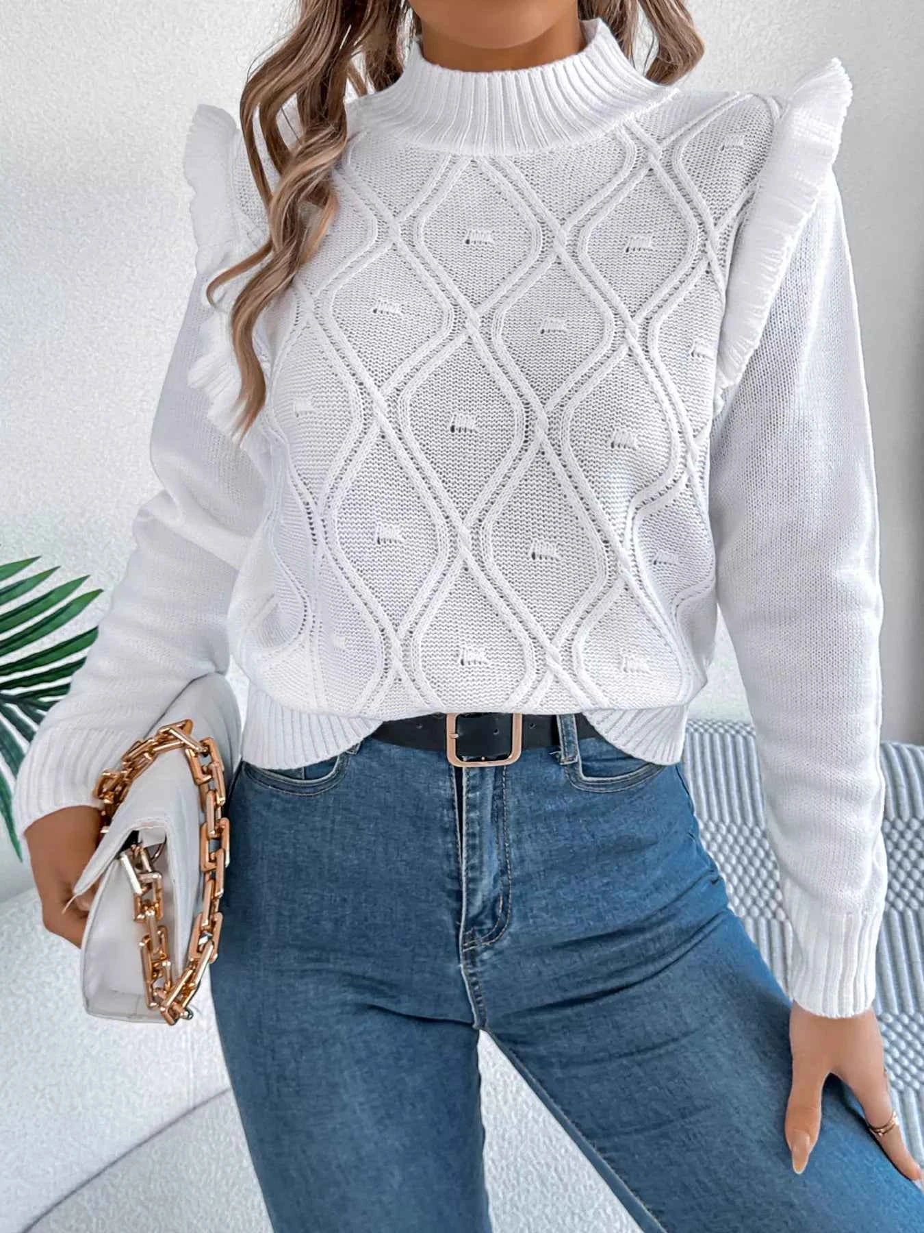 Mock Neck Ruffle Trim Long Sleeve Sweater 51a48017f9fd40b284cbc711d4231c77-Max-Origin