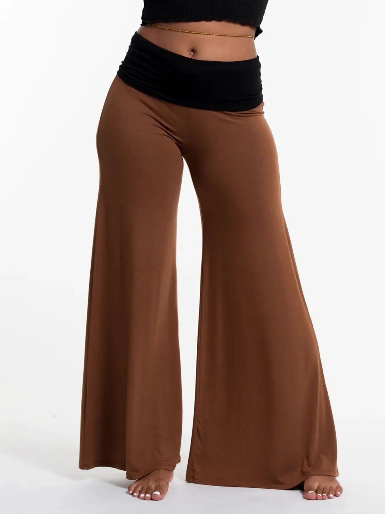 High Waisted Wide Leg Yoga Pants with Contrast Waistband Tan 51c5c375-282b-4c02-b149-aec01db8bedb-Max-Origin