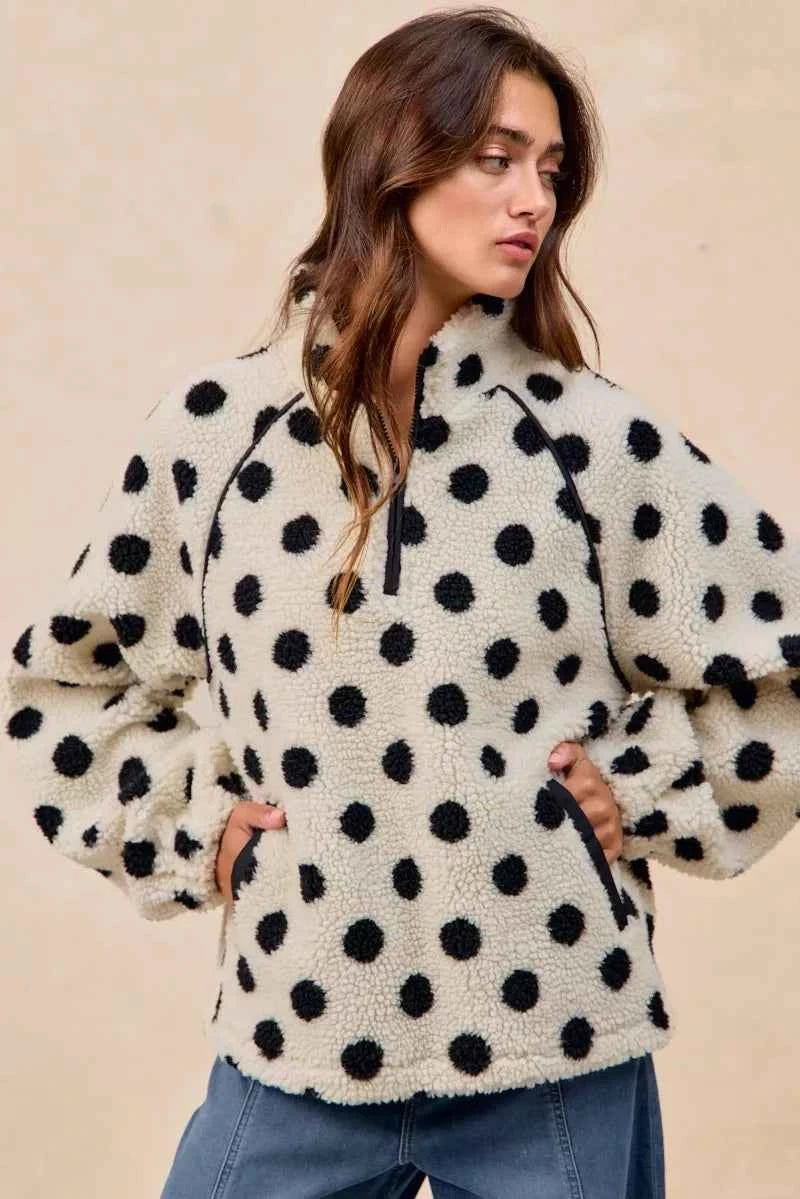 BiBi Polka Dot Sherpa Half Zip Up Top with Side Pocket 51e36552-8854-4254-aec2-946c7c3c37c6-Max-Origin