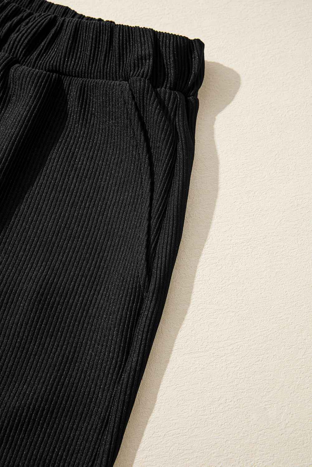 Black Ribbed Texture Baggy Drop Shoulder Pullover and Shorts Set 51faecad406436c8