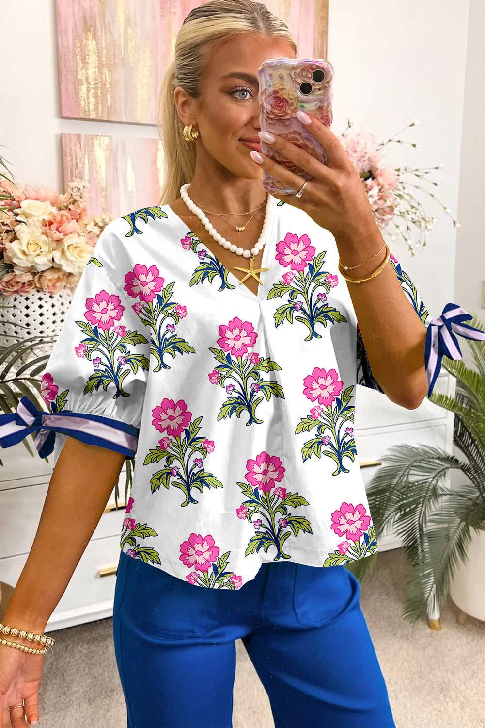 White Floral Print Knot Bubble Sleeve V Neck Blouse 5227681a4c63fc14-_2