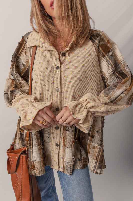 Boho Floral Plaid Patchwork Ruffle Sleeve Waffle S 524ea24a-a827-4894-ae1d-b3702a2ac101