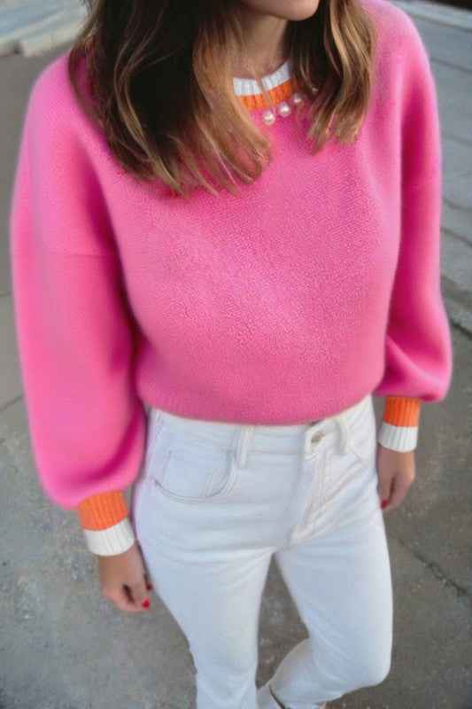 Pearl Contrast Trim Crewneck Drop Shoulder Sweater Sachet Pink 5257f41c-e629-489e-85e3-c2525db59d0a