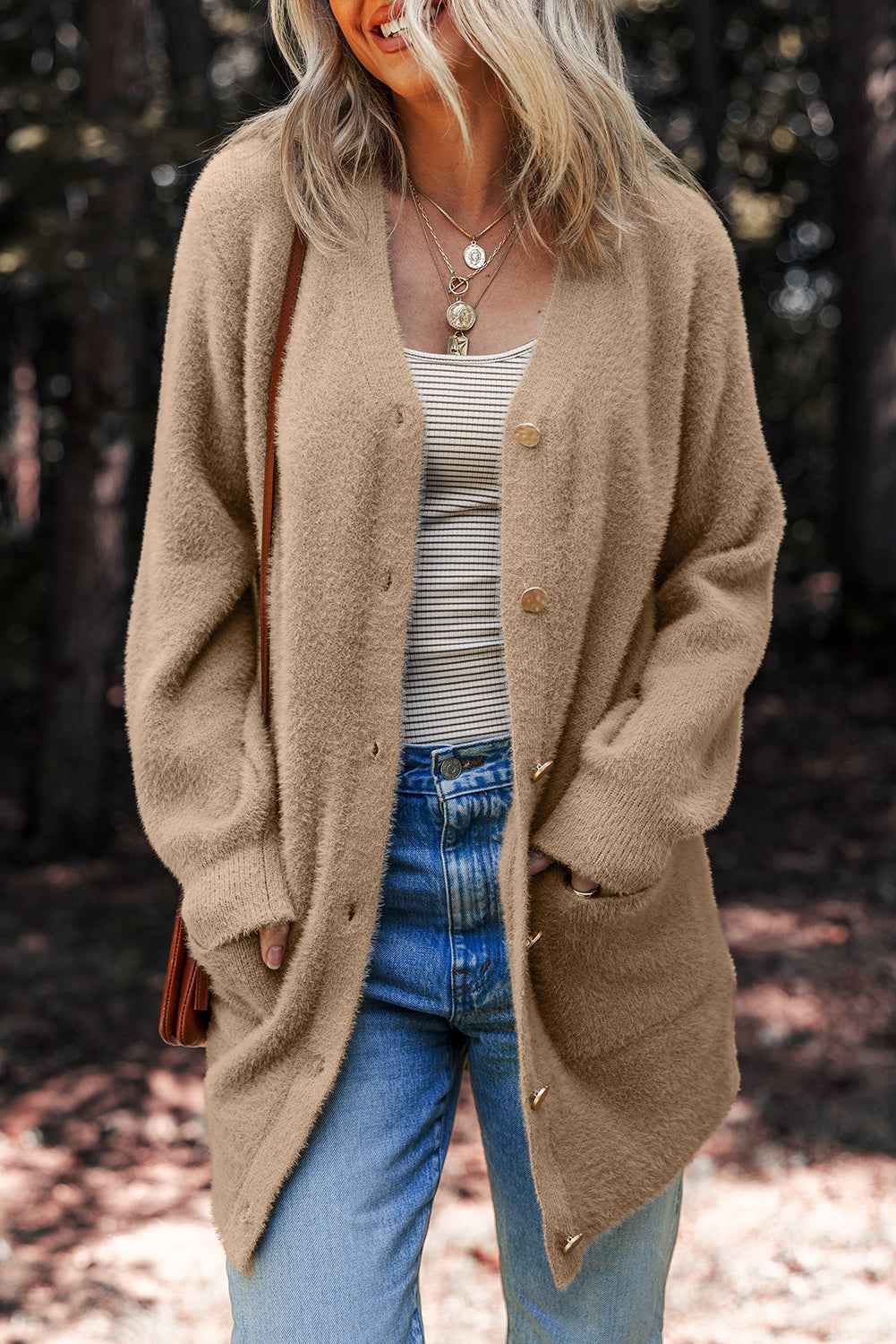 White Fuzzy Buttoned Front Midi Solid Cardigan 52677af049e1c012