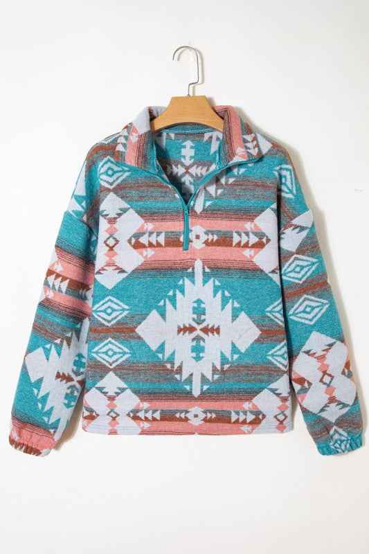 Western Aztec Quarter-Zip Elastic Cuffs Sweatshirt 52e6e1a9-d9d3-4f3a-a615-52912c26eac2