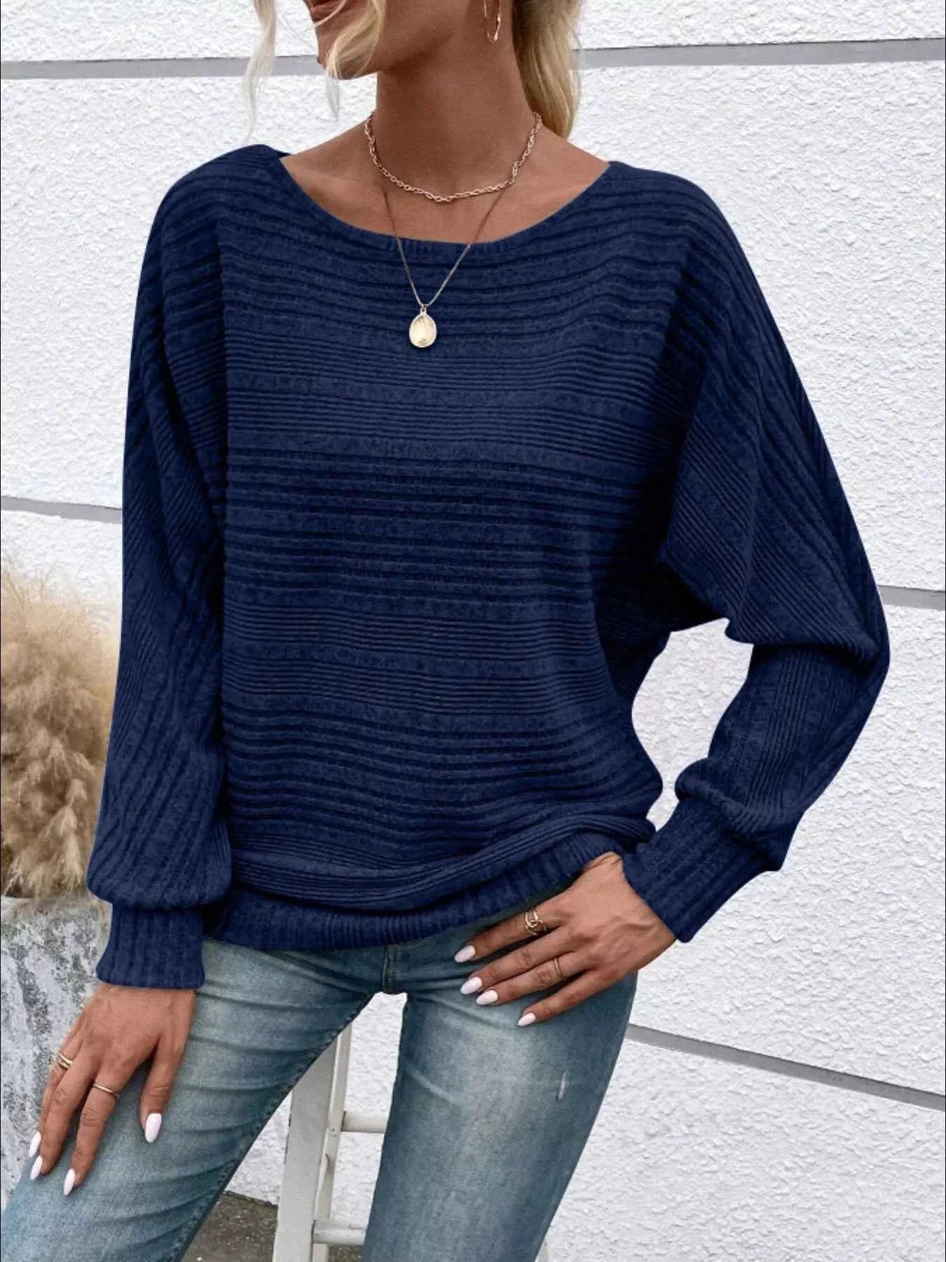 Ribbed Round Neck Long Sleeve Top Navy Blue 52f2e245-18cd-4a96-afc0-23133beed299-Max-Origin