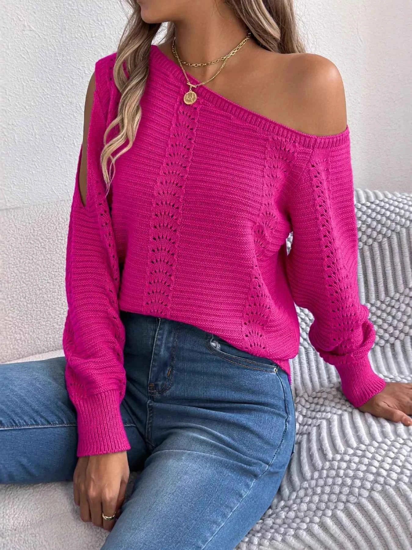 Openwork One Shoulder Cutout Long Sleeve Sweater 52fb12305490461da6af8023a2701e4f-Max-Origin