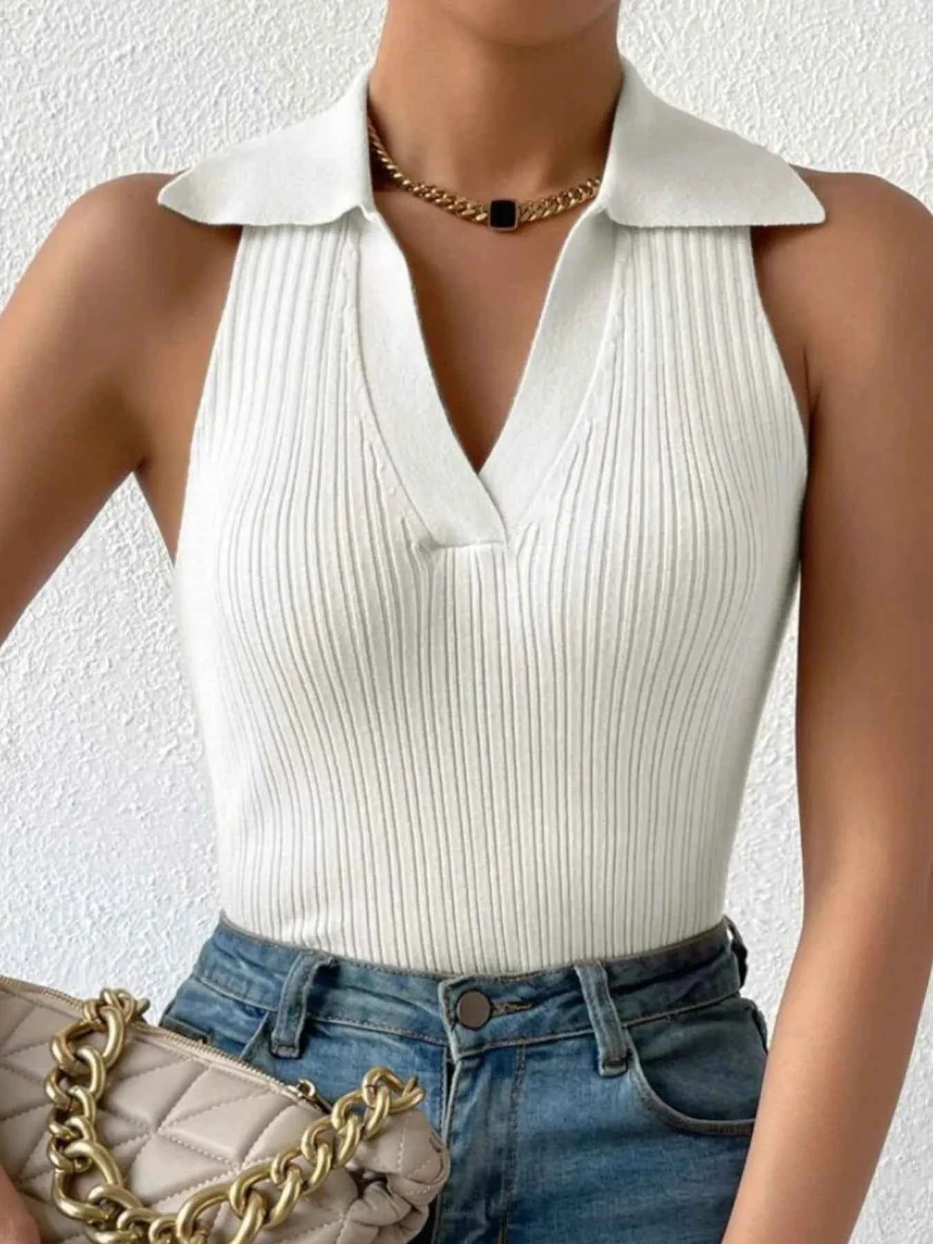 Ribbed Knit Sleeveless Polo Collar Tank Top 53270ae612f141c28038a4327f244ca8-Max-Origin