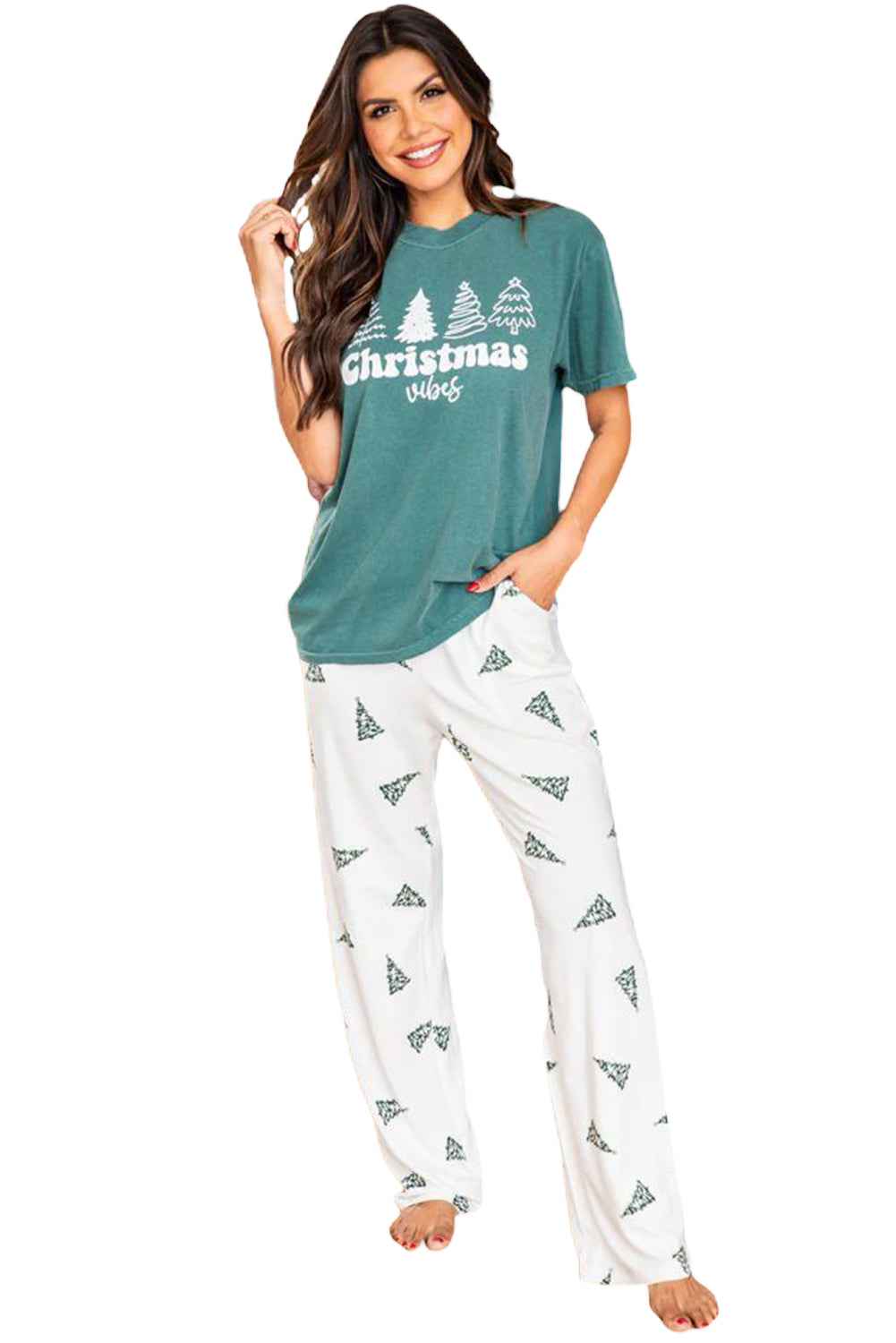 Green Christmas Tree Print Tee & White Pants Loungewear Set 53343b10e6bf8832