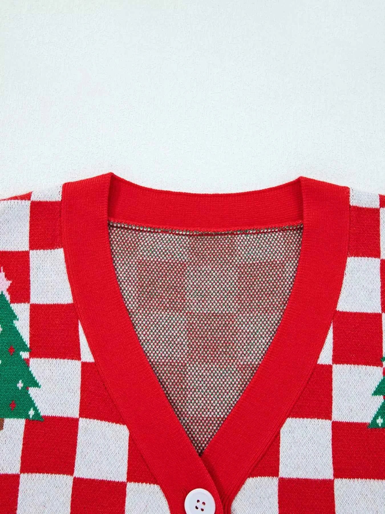 Christmas Tree Pattern Checkered Button V Neck Cardigan 53456422416f4313a46f7bcdc0a62f39-Max-Origin